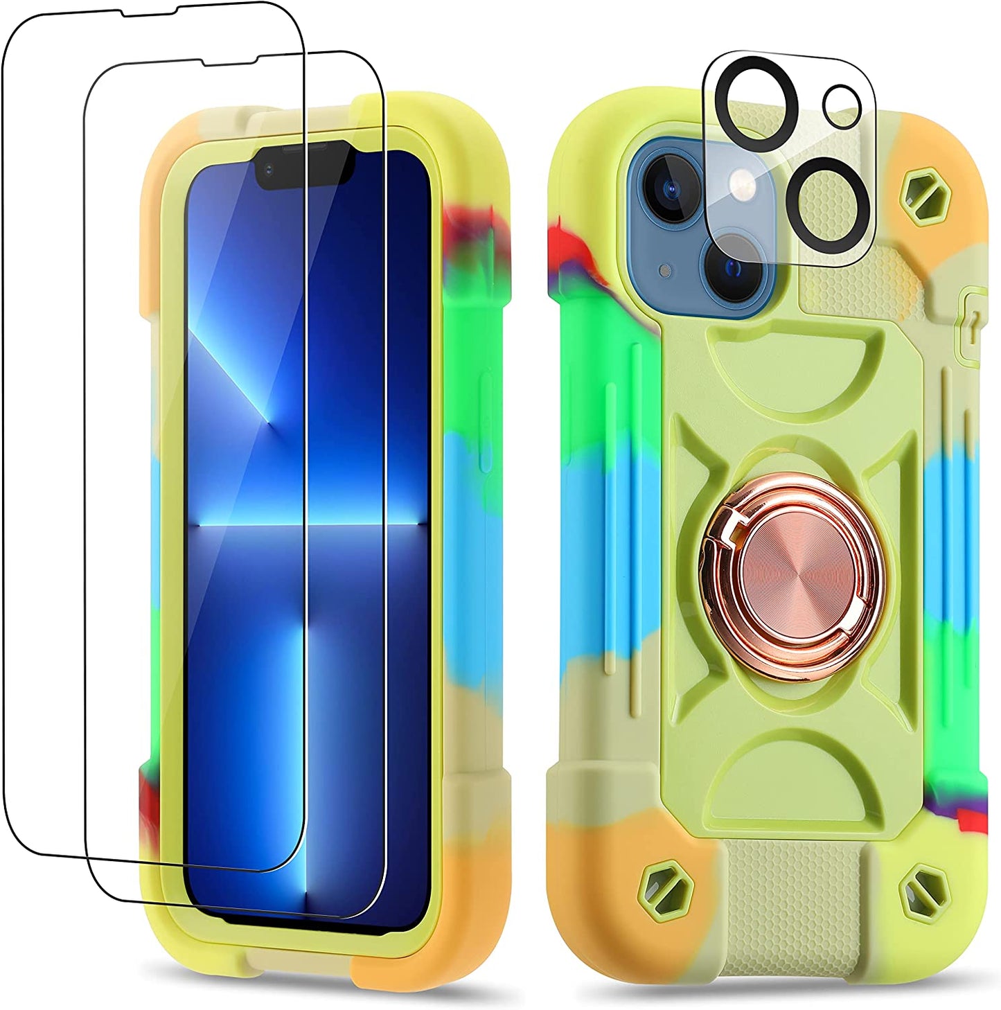 Cookiver for Iphone 14 Case/Iphone 13 Case 6.1 Inch with Ring Stand, with 2 Pack Glass Screen Protector + 1 Pack Camera Lens Protector,Heavy-Duty Shockproof Military Grade Rugged Cover (Felicia Blue)  Cookiver Rainbow Green  