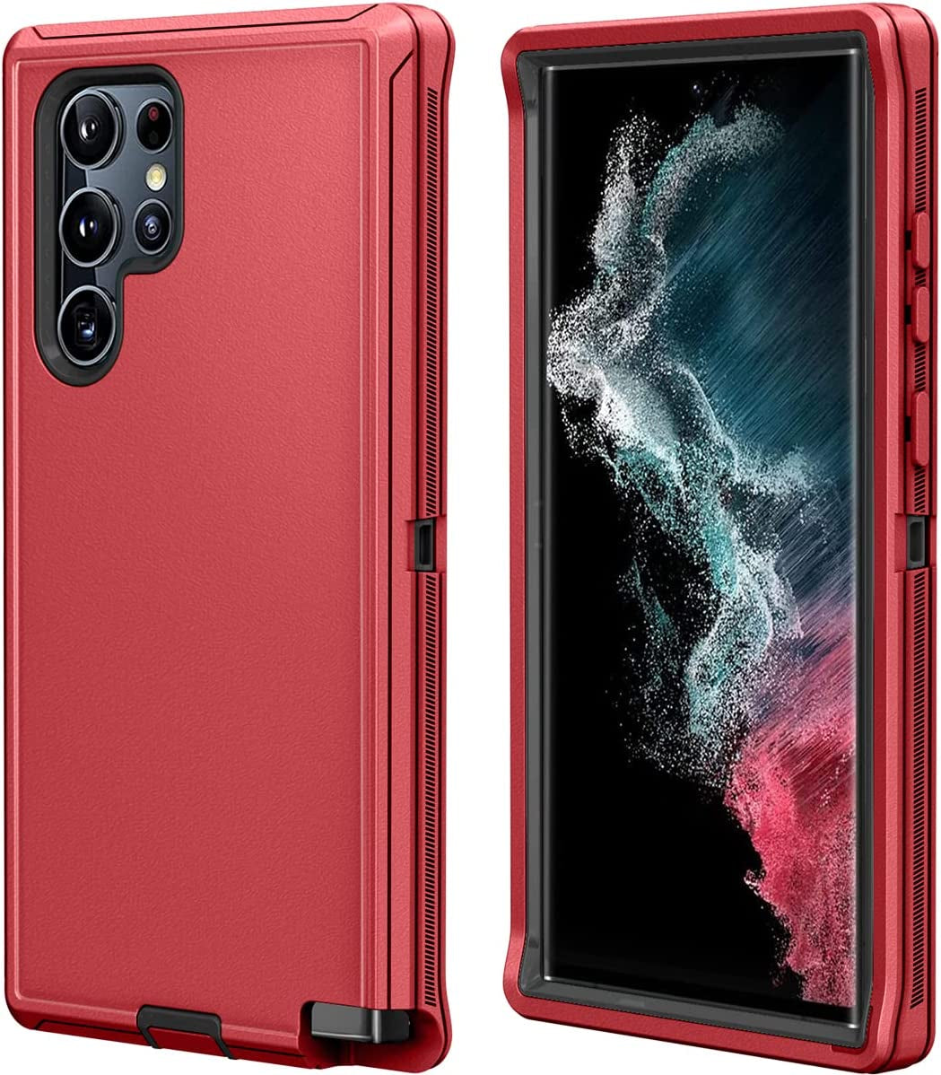 Qinmay Samsung S22 Ultra 5G Case - 3-Layer Heavy Duty Shock Protection, Dust Proof, 6.8 Inch, Grey Skyblue  Qinmay Red Black  