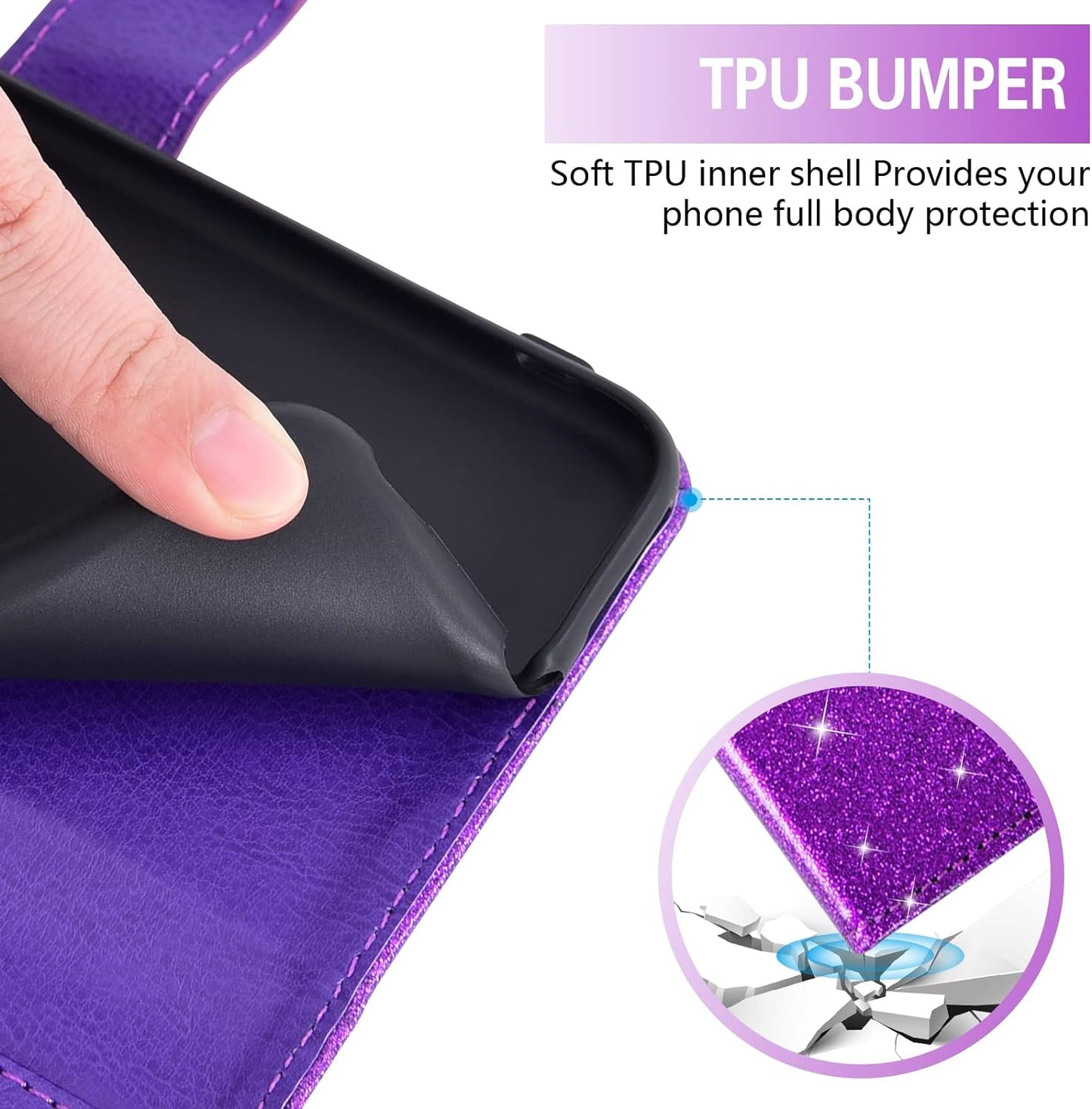 Asuwish Phone Case for LG G6 with Tempered Glass Screen Protector and Glitter Wallet Cover Card Holder Slot Stand Kickstand Cell Flip LGG6 Thinq LG6 Thin Q G 6 plus G6+ 6G VS988 H872 Women Men Purple  Asuwish   