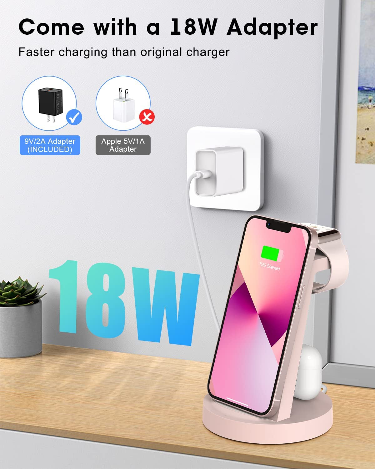 Wireless Charging Station, 3 in 1 Wireless Charger for Iphone 14/13/12/11/Pro/Se/Xs/Xr/X/8 Plus/8, Fast Wireless Charging Stand Dock for Apple Watch Series & Airpods(With Adapter)  shenzhenshijinzhizhuokejiyouxiangongsi   