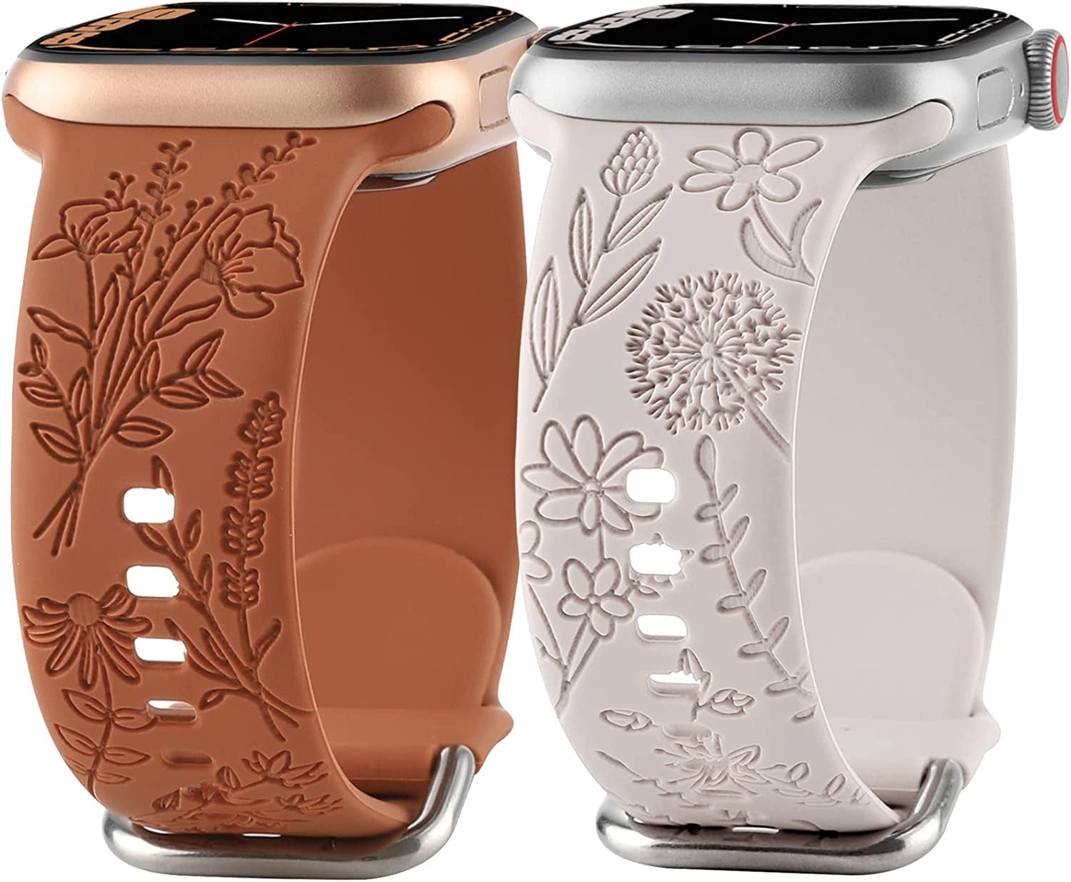 Flower Engraved Silicone Band Compatible with Apple Watch Bands 38Mm 40Mm 41Mm, Cute Women Wildflowers Floral Design Soft Sport Strap Replacement Wristbands for Iwatch Series 8 7/SE/6/5/4/3/2/1  FERJITGR Starlight Brown 38/40/41mm 