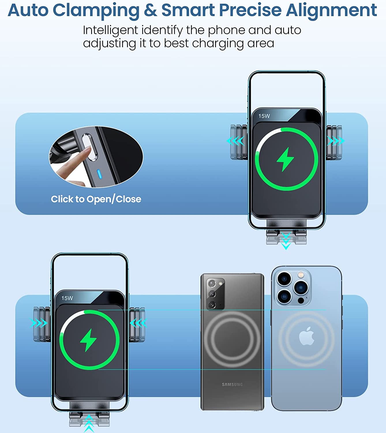 Wireless Car Charger, MOKPR 3 In1 Long Arm Car Mount, 15W Auto Clamping Car Charger Dash Windshield Air Vent Phone Holder Compatible with Iphone 14/13/13 Pro/12 Pro/12/11/X/8, Samsung S23/S22/S21,Etc  MOKPR   