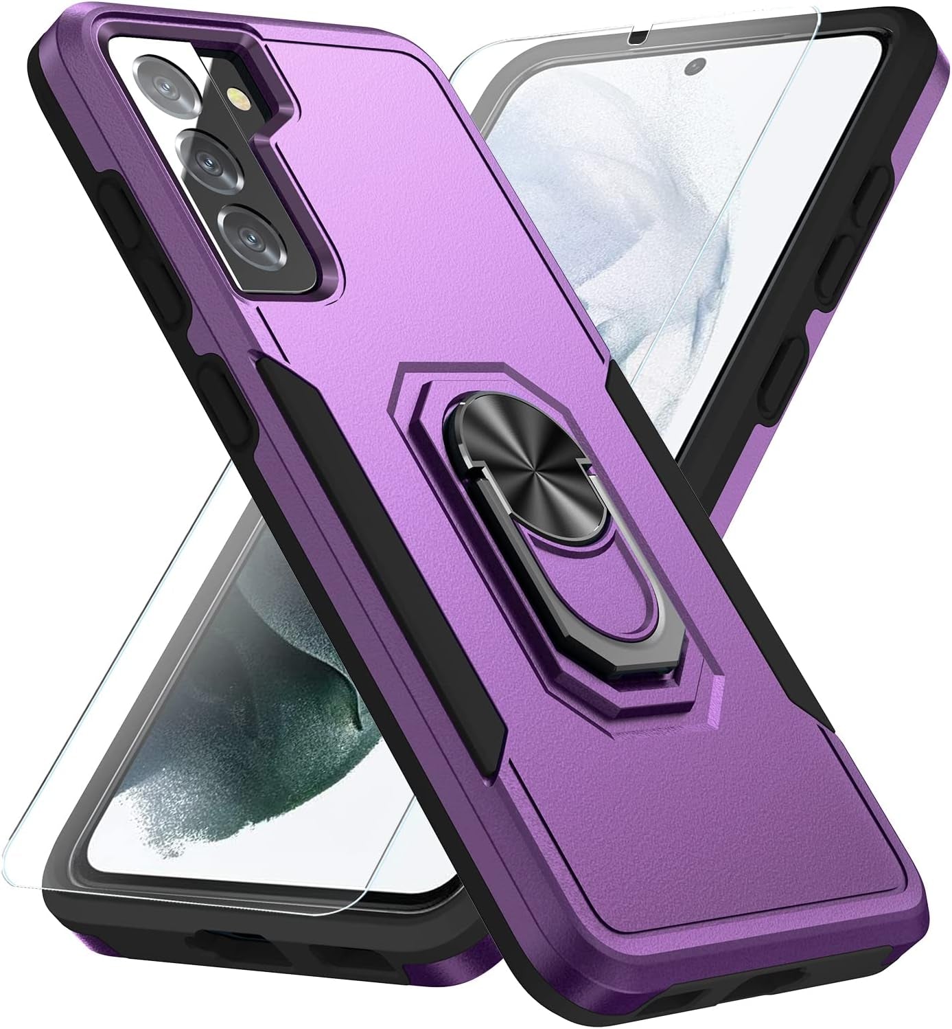 KSELF Galaxy S21 5G Case with Tempered Glass, Shockproof Military-Grade Phone Cover & Ring Kickstand, 6.2" (Pink)  KSELF Purpleblack  