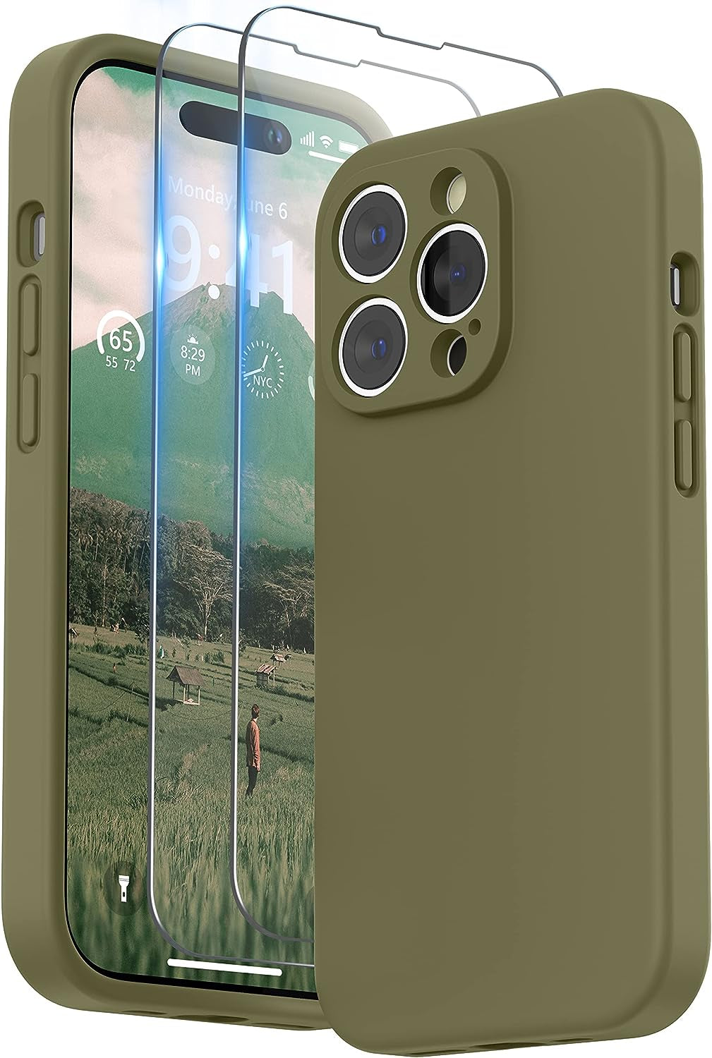 SURPHY Designed for Iphone 14 Pro Case with Screen Protector, (Camera Protection + Soft Microfiber Lining) Liquid Silicone Phone Case, Cactus Green  SURPHY Khaki Green  