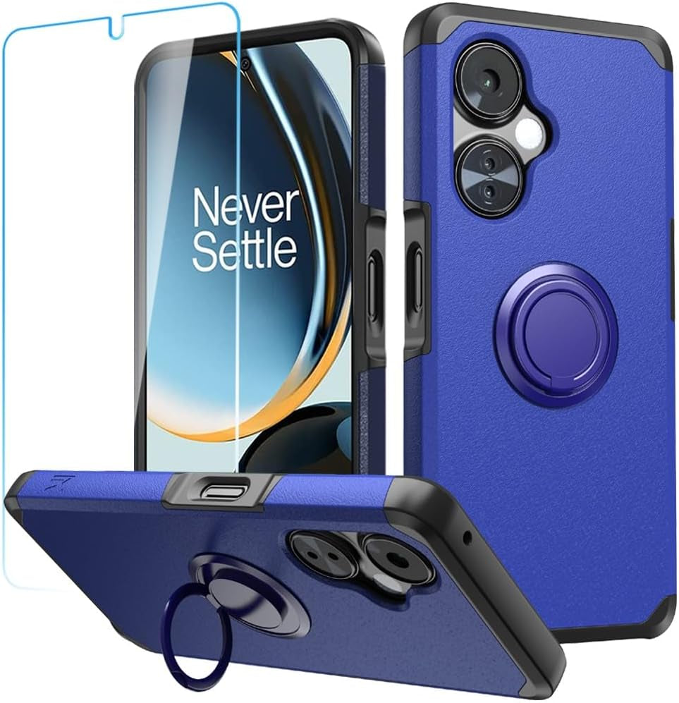 Hrwireless Compatible for Oneplus Nord N30 5G [Ring Stand] Case Cover [360 Rotation] with [HD Tempered Glass Screen Protector] Tough Hybrid [Shockproof] Original Minimalistic Design for Protection  HRWireless Classic Blue Ring Stand + Tempered  