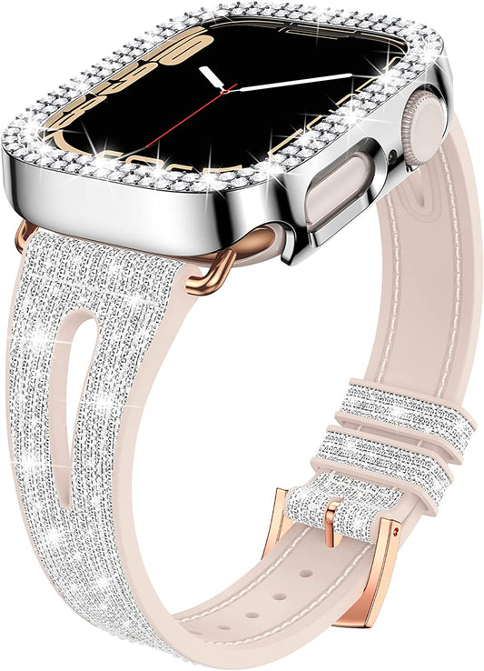 Goton Bling Band +Case for Apple Watch Bands 45Mm 44Mm 41Mm 40Mm 38Mm Series 8 7 SE 6 5 4 3 2 1, Women Glitter Silicone Thin Strap + Bumper Cover Designed for Iwatch Accessories  Yin-Goton   