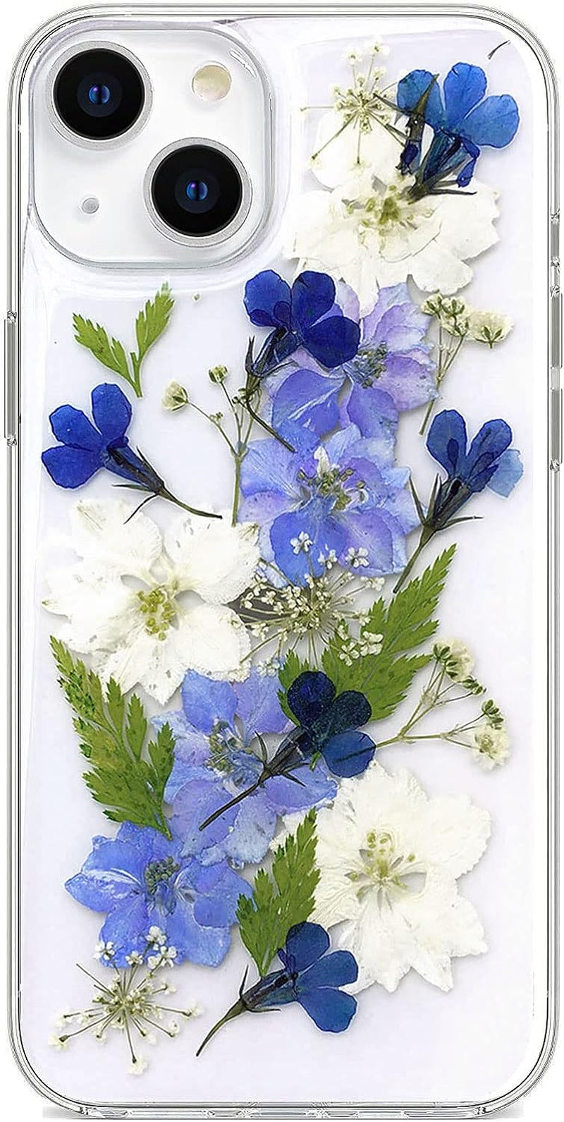 Abbery Designed for Iphone 13 Pressed Flower Case, Cute Clear with Design Soft Silicone Rubber Dried Real Flowers Floral Aesthetic Case for Iphone 13 6.1 Inch (Glitter Blue)  Abbery Navy Flower  