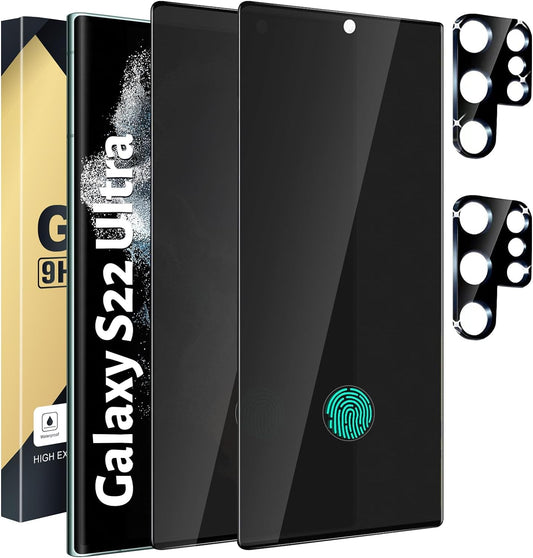 CWQZGUF 2+2 Pack Galaxy S22 Ultra Privacy Screen Protector - 2 Pack Privacy Film + 2 Pack Camera Lens Tempered Glass, High Clarity Bubble Free, Anti-Spy Protection for Samsung S22 Ultra 5G  CWQZGUF-i8sh3   