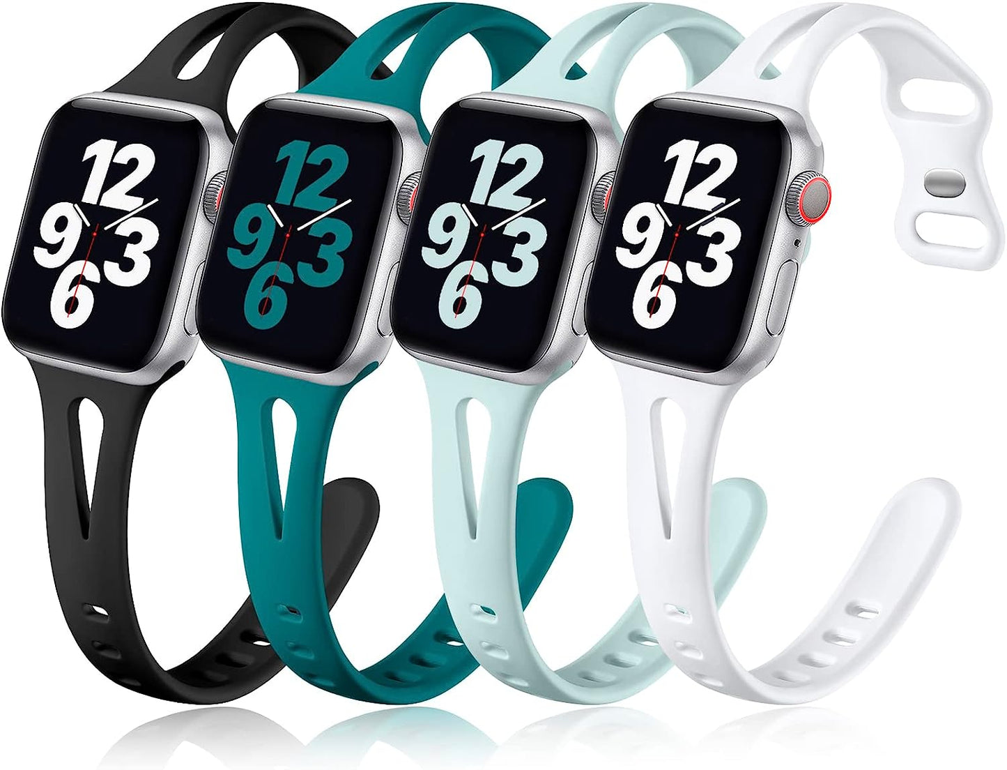 Getino Compatible with Apple Watch Band 40Mm 38Mm 41Mm Iwatch Series 8 7 6 5 4 3 2 1 SE for Women Men, Stylish Durable Silicone Slim Sport Watch Bands, 4 Pack, Cyan/Lake Blue/Starlight/Grayish Purple  Getino Black/White/Dark Green/Cyan 42mm/44mm/45mm/49mm 