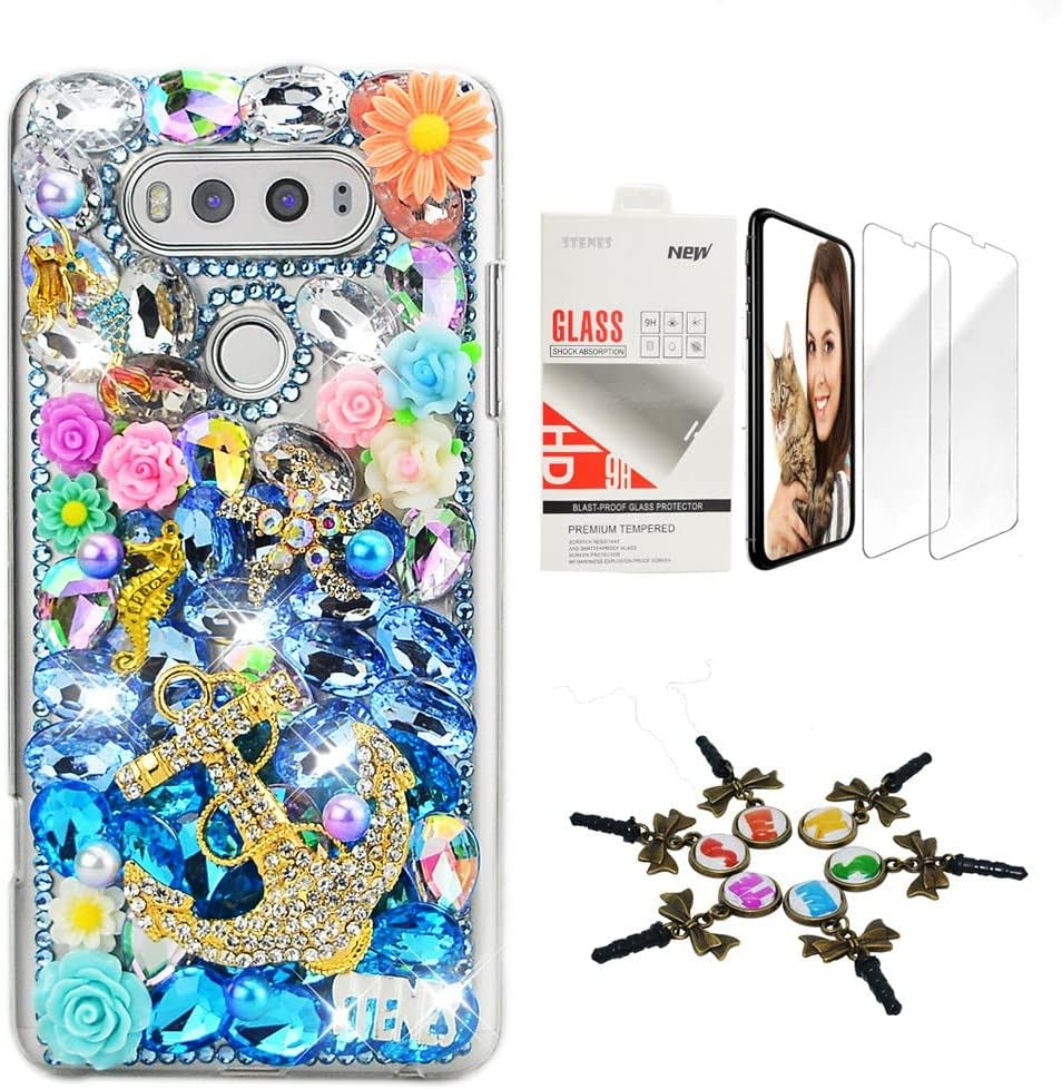 STENES Bling Case Compatible with LG G6 / LG G6 plus - Stylish - 3D Handmade [Sparkle Series] Girls Mirror Flowers Design Cover with Screen Protector [2 Pack] - Blue  STENES Mermaid Seahorse Anchor Flowers / Navy Blue Design For Lg Aristo 