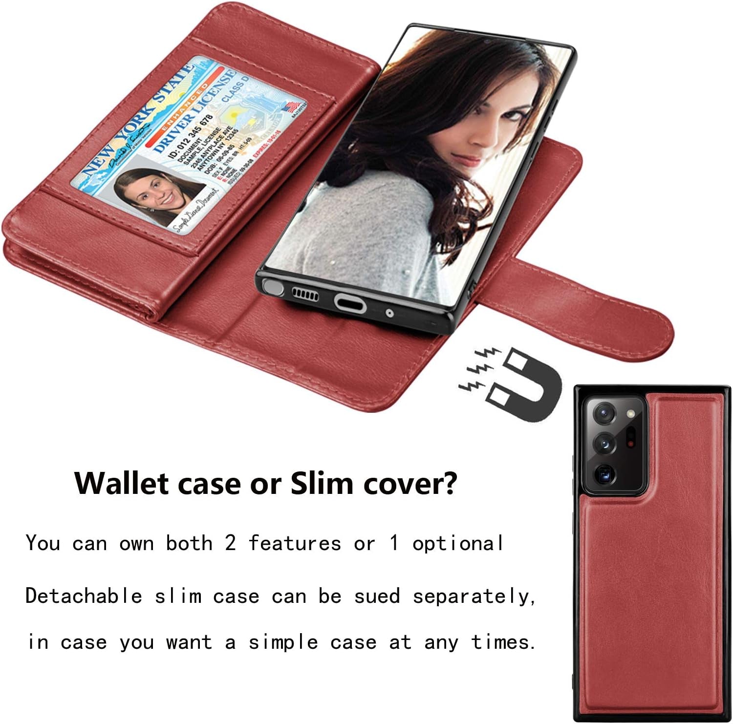 Njjex Galaxy Note 20 5G Wallet Case - Wine Red, 9 Card Slots, PU Leather, Detachable Kickstand, Magnetic Cover & Lanyard  NJJEX   