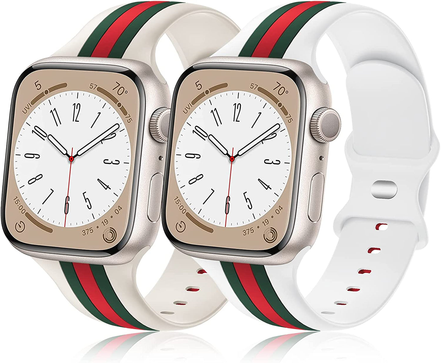 [2 Pack] Designer Bands Compatible with Apple Watch Band 38Mm 40Mm 41Mm 42Mm 44Mm 45Mm 49Mm Men Women, Soft Silicone Sport Band Replacement Strap for Apple Watch Ultra Iwatch Series 8 7 SE 6 5 4 3 2 1  Seizehe Starlight/Army Green/Red - White/Army Green/Red 42mm/44mm/45mm/49mm 