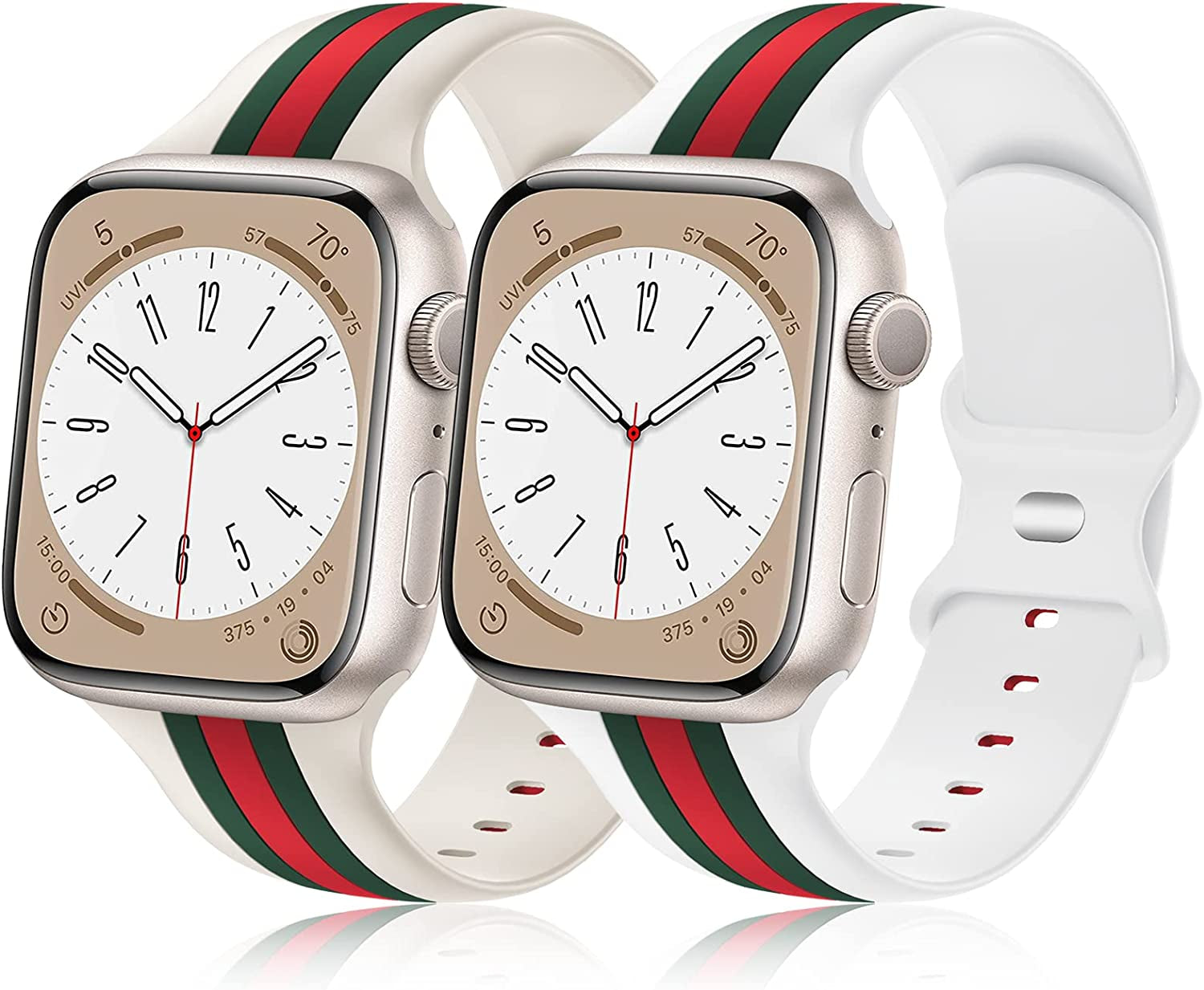 [2 Pack] Designer Bands Compatible with Apple Watch Band 38Mm 40Mm 41Mm 42Mm 44Mm 45Mm 49Mm Men Women, Soft Silicone Sport Band Replacement Strap for Apple Watch Ultra Iwatch Series 8 7 SE 6 5 4 3 2 1  Seizehe Starlight/Army Green/Red - White/Army Green/Red 42mm/44mm/45mm/49mm 