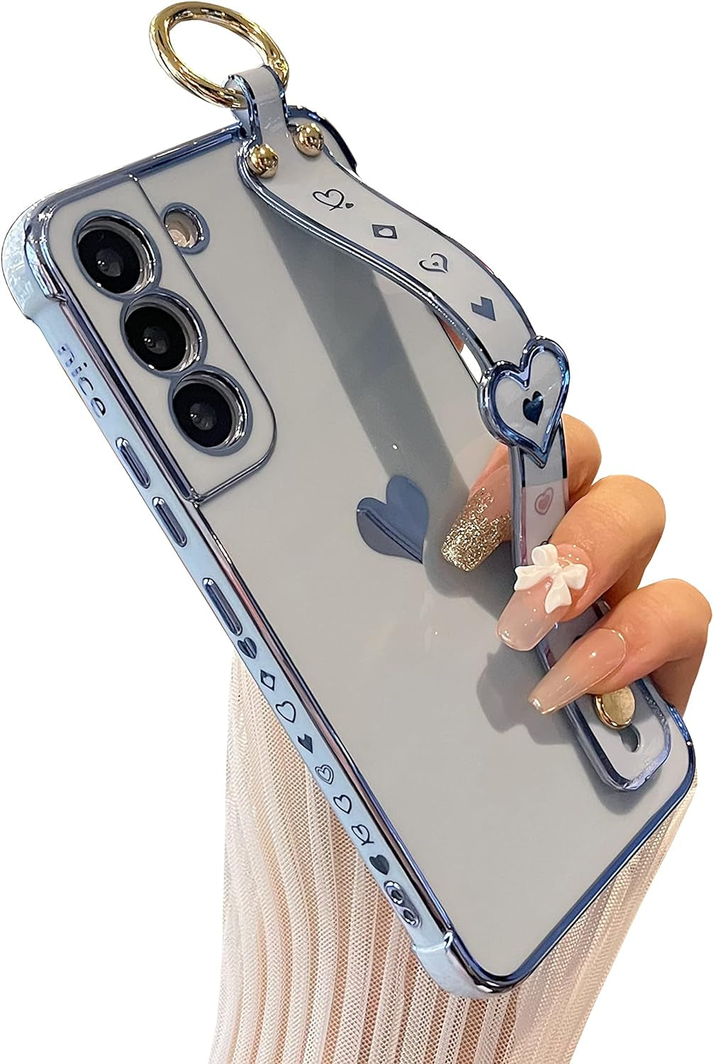 DEFBSC Compatible with Samsung Galaxy S22 plus Case, Electroplated Edge Love Heart Case with Wrist Strap, Full Camera Protection Raised Reinforced Corners Shockproof Soft TPU Cover, White  DEFBSC Blue (Kickstand) Samsung Galaxy S22 Plus 