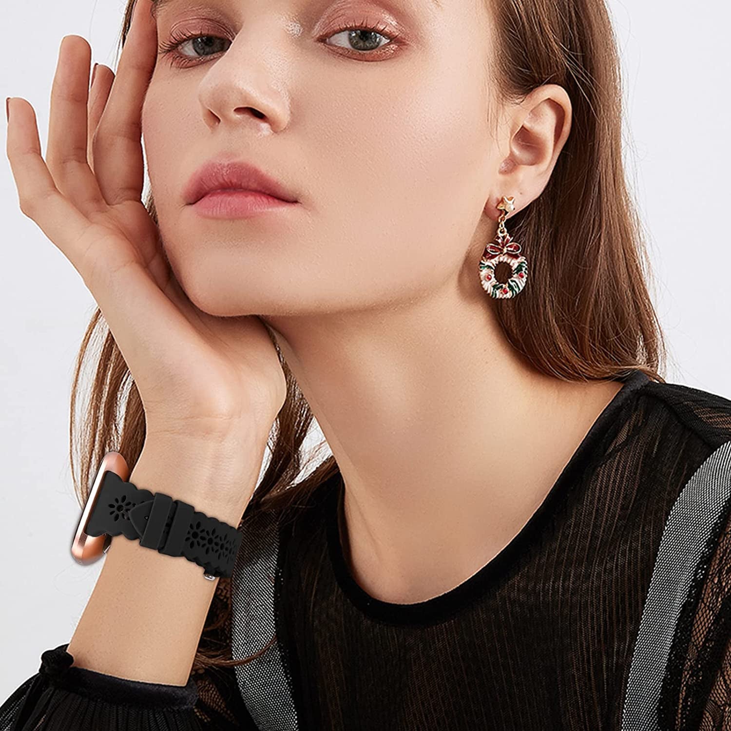 YAXIN 3 Pack Slim Sport Bands Compatible with Fitbit Versa/ Versa 2/ Versa Lite Band for Women,Soft Silicone Lace Replacement Wristbands for Smart Watch,Black/White/Pink Sand  YAXIN   