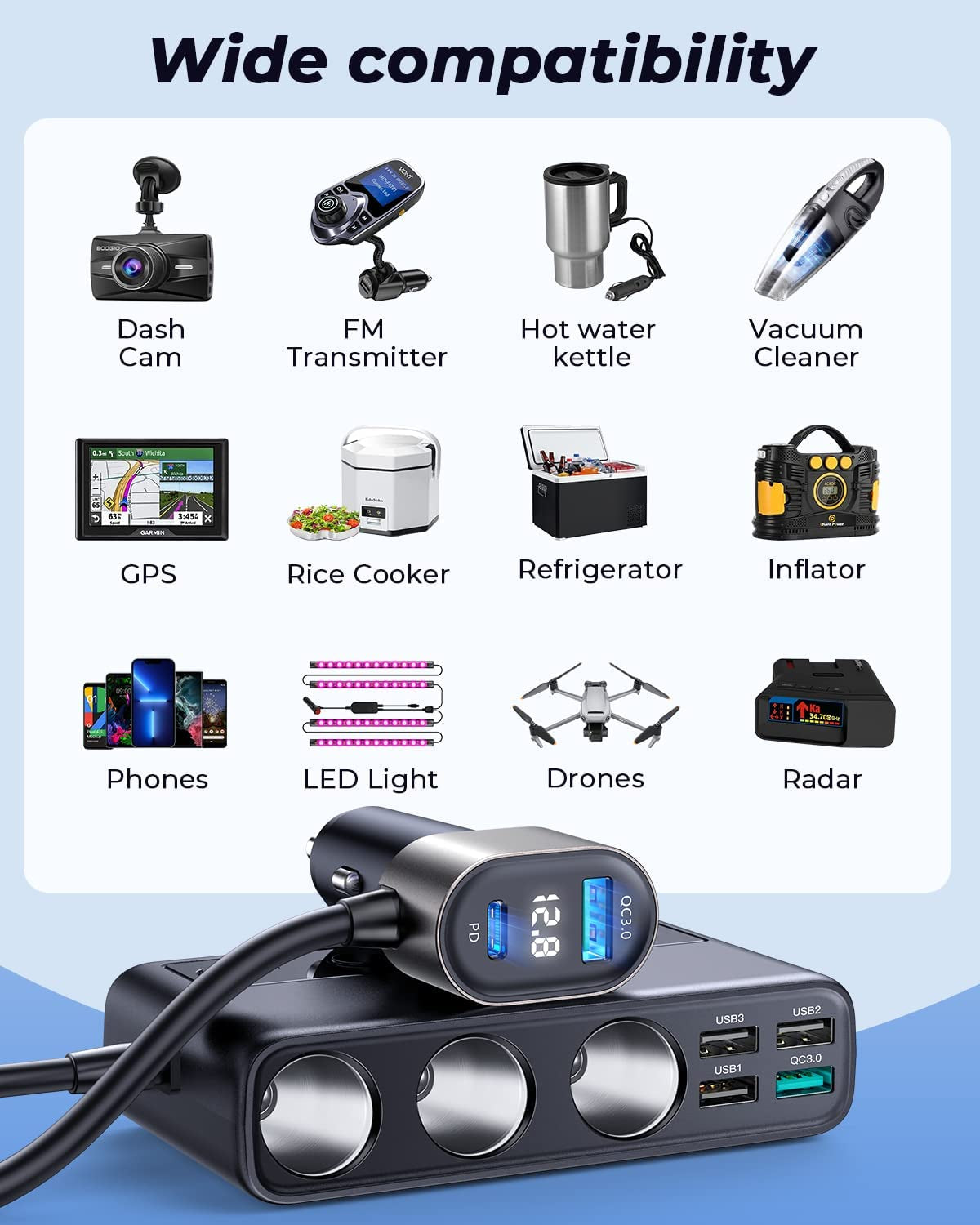 9 in 1 Car Adapter, Joyroom 3 Socket Cigarette Lighter Splitter with PD/QC 3.0 * 2 Charge(3.3Ft Cable), 154W 12V/24V Independent Switches DC Outlet Charger for All Car Devices  JOYROOM   