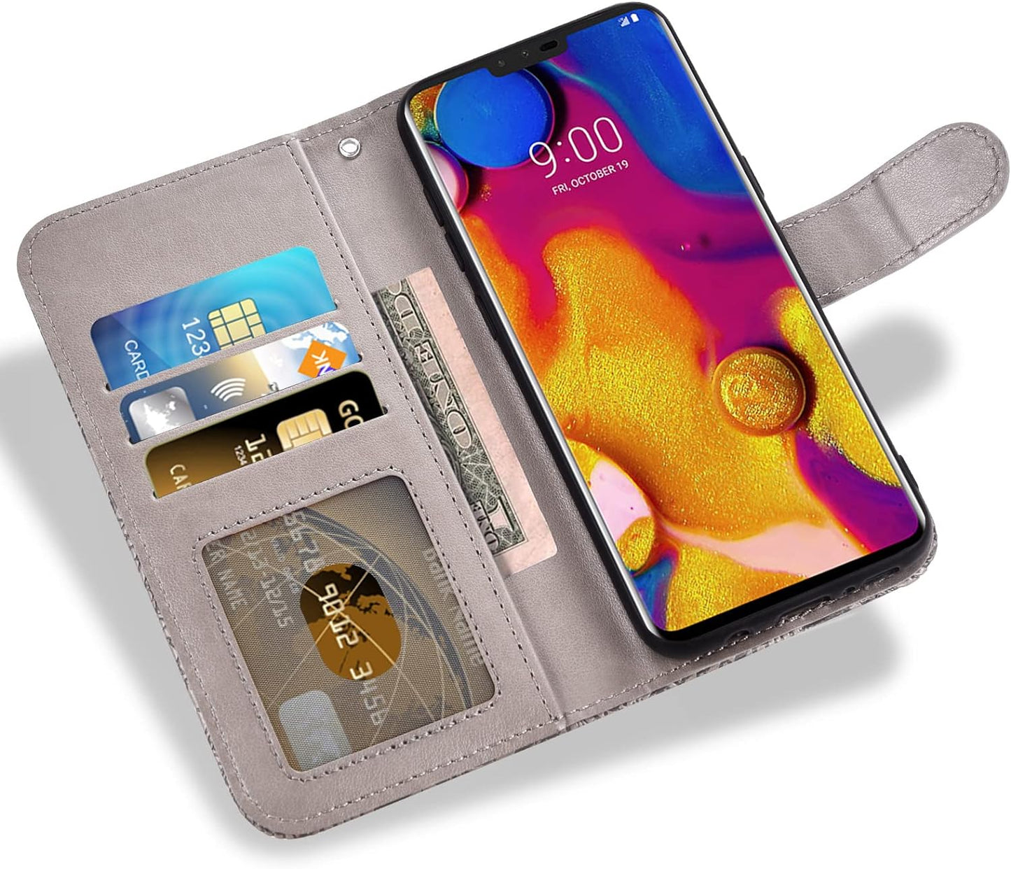 Asuwish Phone Case for LG V40 Thinq with Tempered Glass Screen Protector and Lace Wallet Cover Flip Card Holder Stand Cell Accessories LGV40 Storm V 40 Thin Q V40Thinq LG40 40V 40Thinq Women Men Grey  Asuwish   