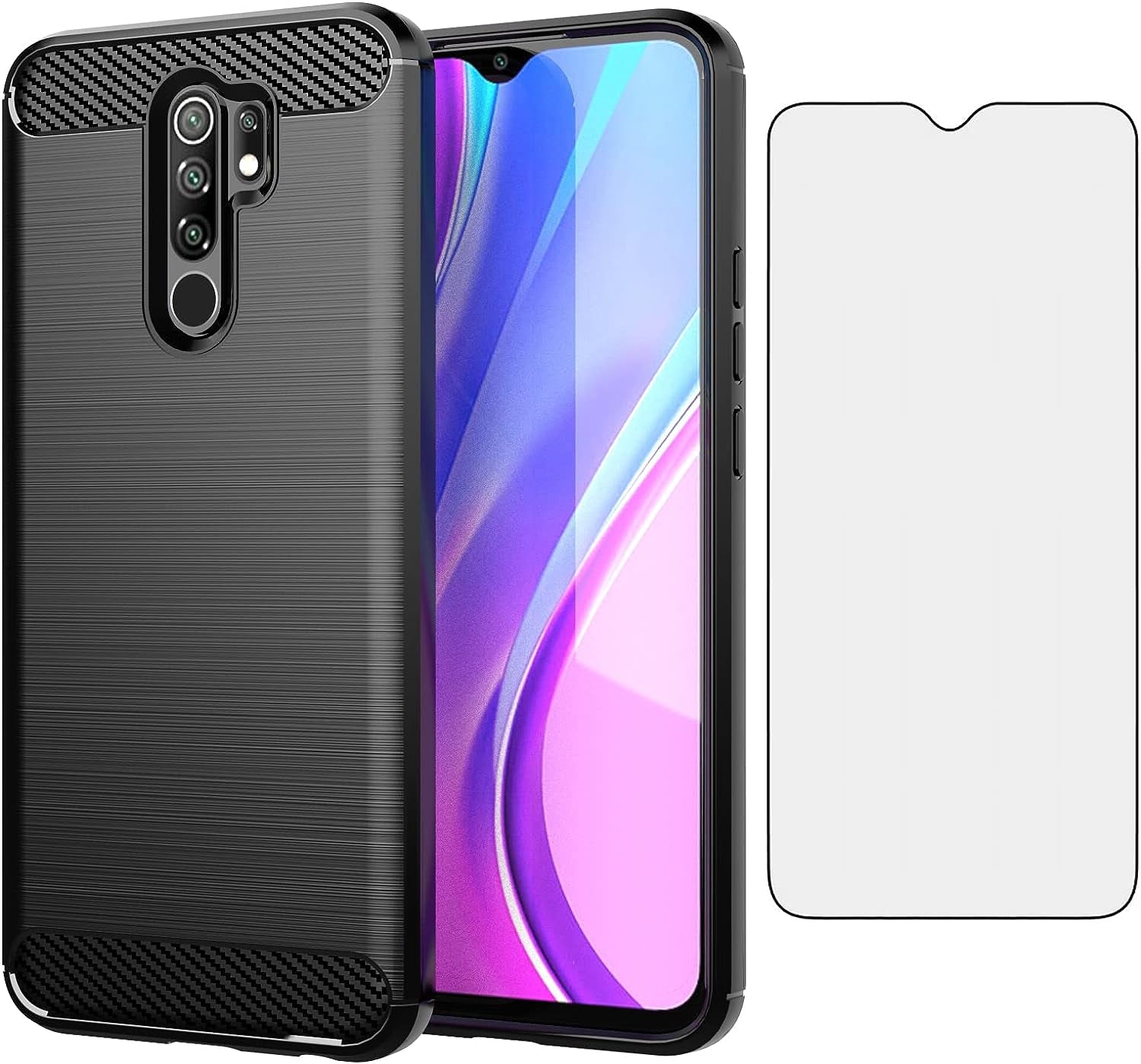 Asuwish Compatible with Xiaomi Redmi 9 Case and Tempered Glass Screen Protector Cell Accessories Soft Silicone Slim Protective Phone Covers for Redmi9 Prime Poco M2 Women Men Carbon Fiber Dark Black  Asuwish   