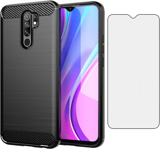 Asuwish Compatible with Xiaomi Redmi 9 Case and Tempered Glass Screen Protector Cell Accessories Soft Silicone Slim Protective Phone Covers for Redmi9 Prime Poco M2 Women Men Carbon Fiber Dark Black  Asuwish   