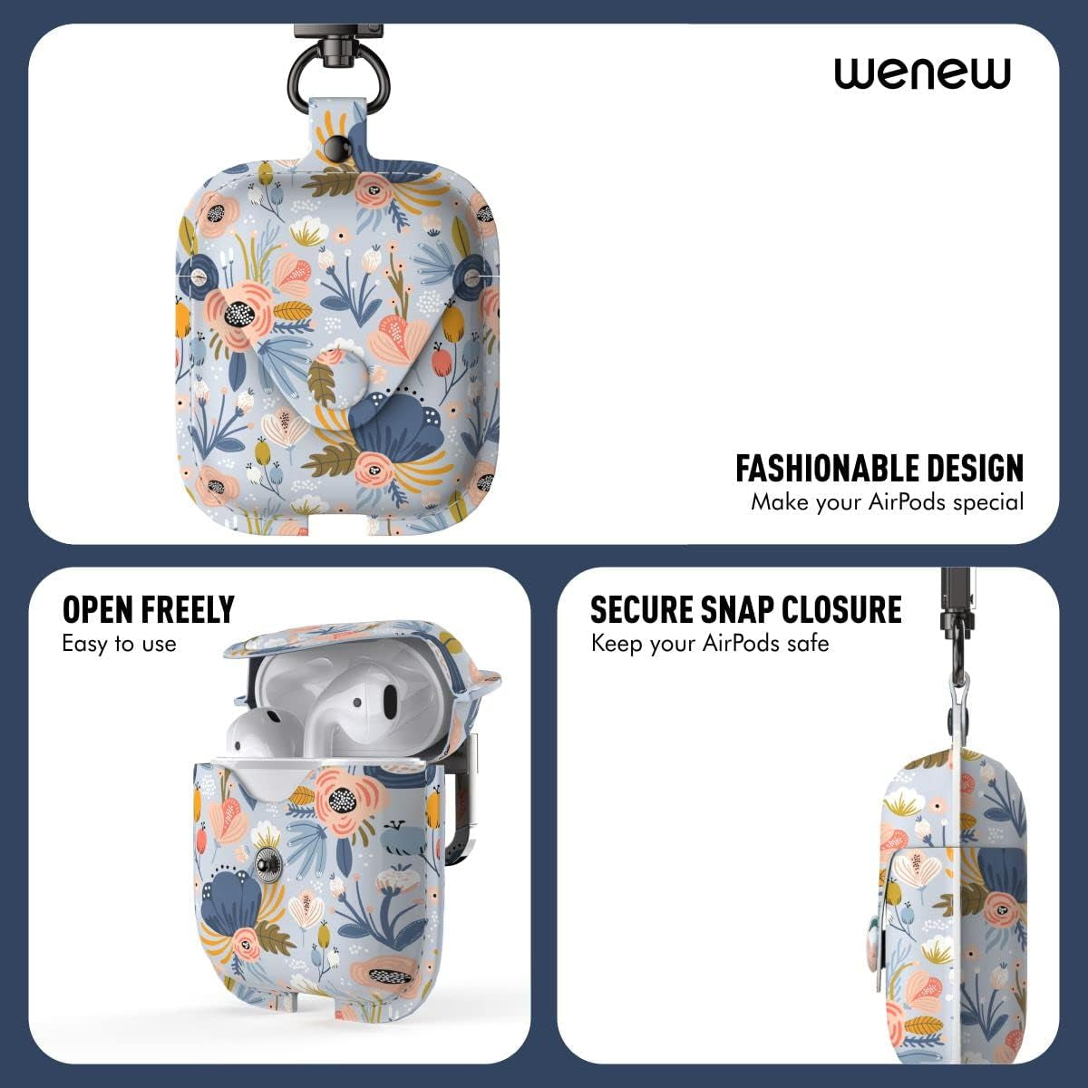 Wenew Leather Case for Airpods 1 & 2, Airpods 2 Case with Snap Closure Airpods Leathe Case for Women with Clip (Blue)  wenew   