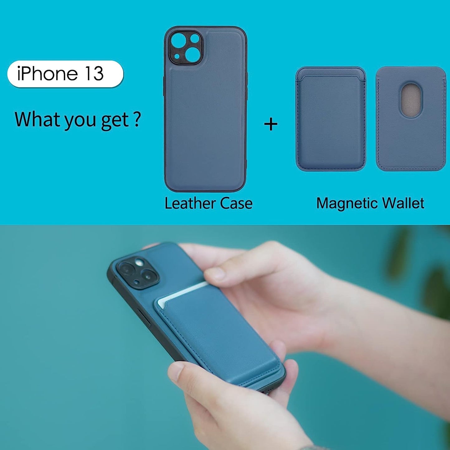 DK177 [2 in 1] Magnetic Leather Case for Iphone 13 + Card Holder Wallet, Magnetic PU Leather Card Holder Shockproof Protective Cover Compatible with Magsafe 6.1 Inch, Blue  DK177   