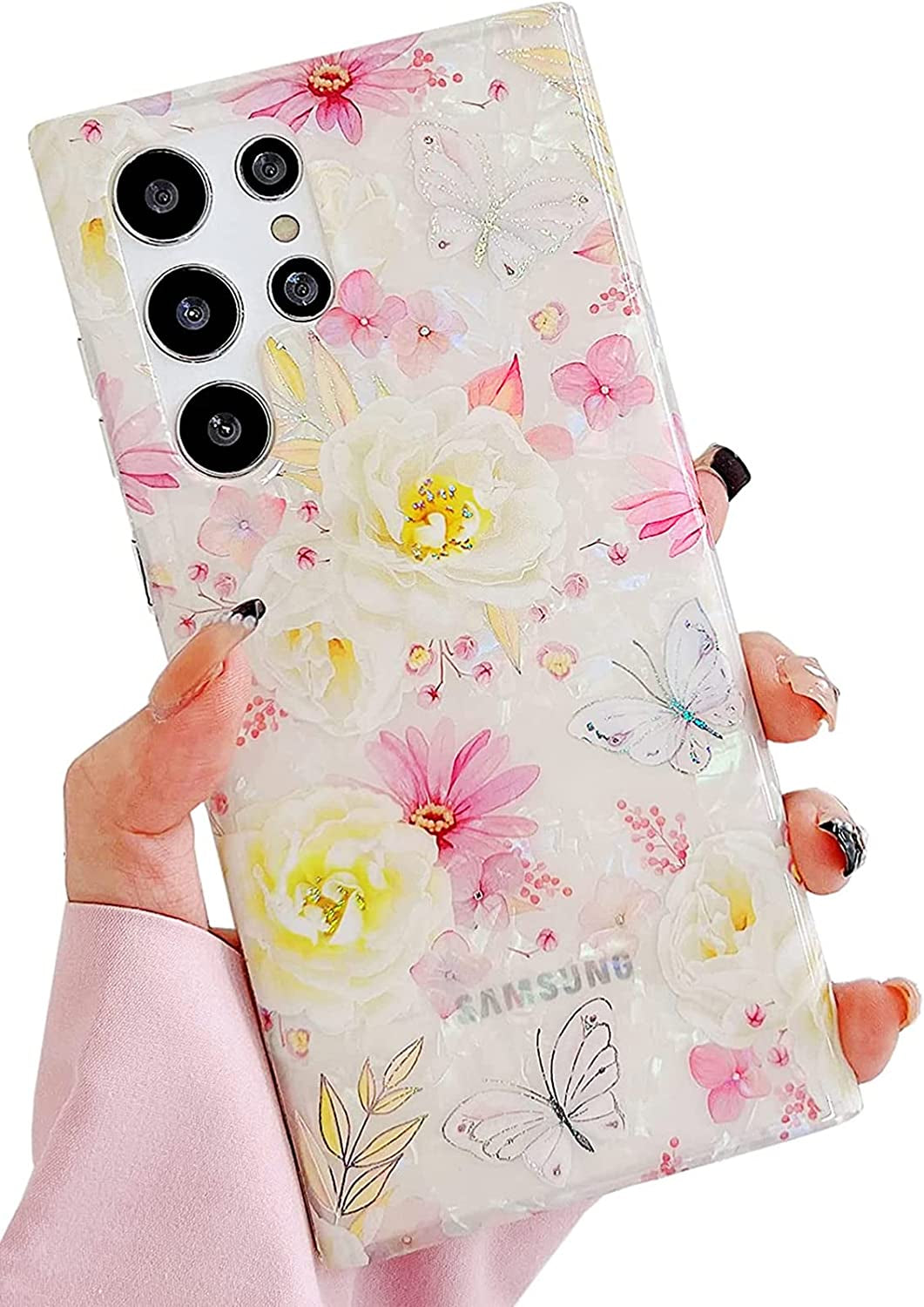 J.West Galaxy S22 Ultra Case 5G, Luxury Sparkle Glitter Translucent Clear Colorful Opal Pearly Thinfoil Design Shiny Print Soft Silicone Cover for Women Girls Slim TPU Protective Phone Case  J.west Bling Pink  