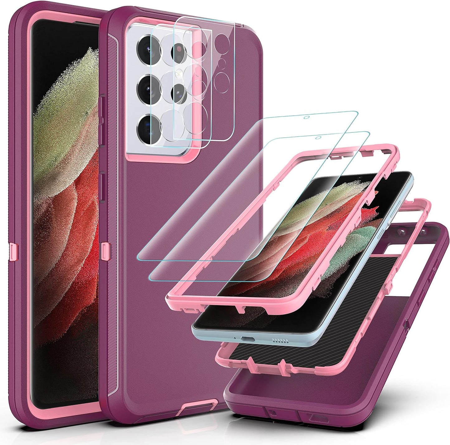 Ymhxcy Galaxy S21 Ultra Case with Self Healing Flexible TPU Film[2 Pack] and Camera Lens Screen Protective Film[2 Pack], Heavy Protection Cover for Samsung Galaxy S21 Ultra-Wine Red and Rose Pink  YmhxcY   