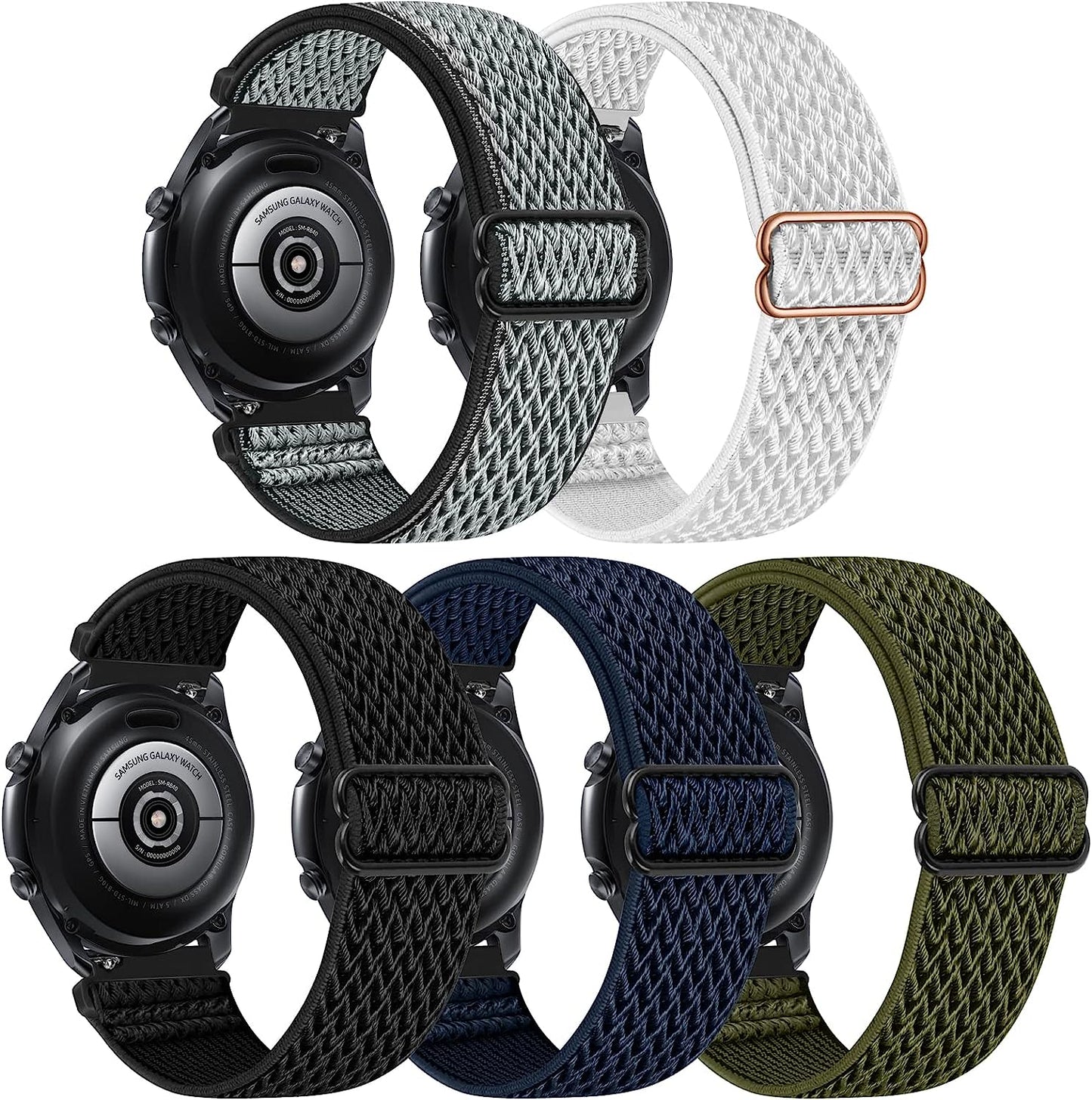 22Mm Bands Compatible with Samsung Galaxy Watch 3 45Mm Band/Galaxy Watch 46Mm/Gear S3 Frontier, Stretchy Adjustable Elastic Nylon Woven Sport Loop 22Mm Wristband for Men Women, 5 Packs  HPJK Black/Grey/Green/Blue/White A  