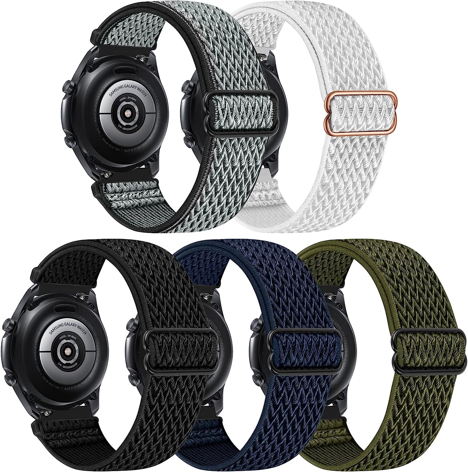 22Mm Bands Compatible with Samsung Galaxy Watch 3 45Mm Band/Galaxy Watch 46Mm/Gear S3 Frontier, Stretchy Adjustable Elastic Nylon Woven Sport Loop 22Mm Wristband for Men Women, 5 Packs  HPJK Black/Grey/Green/Blue/White A  