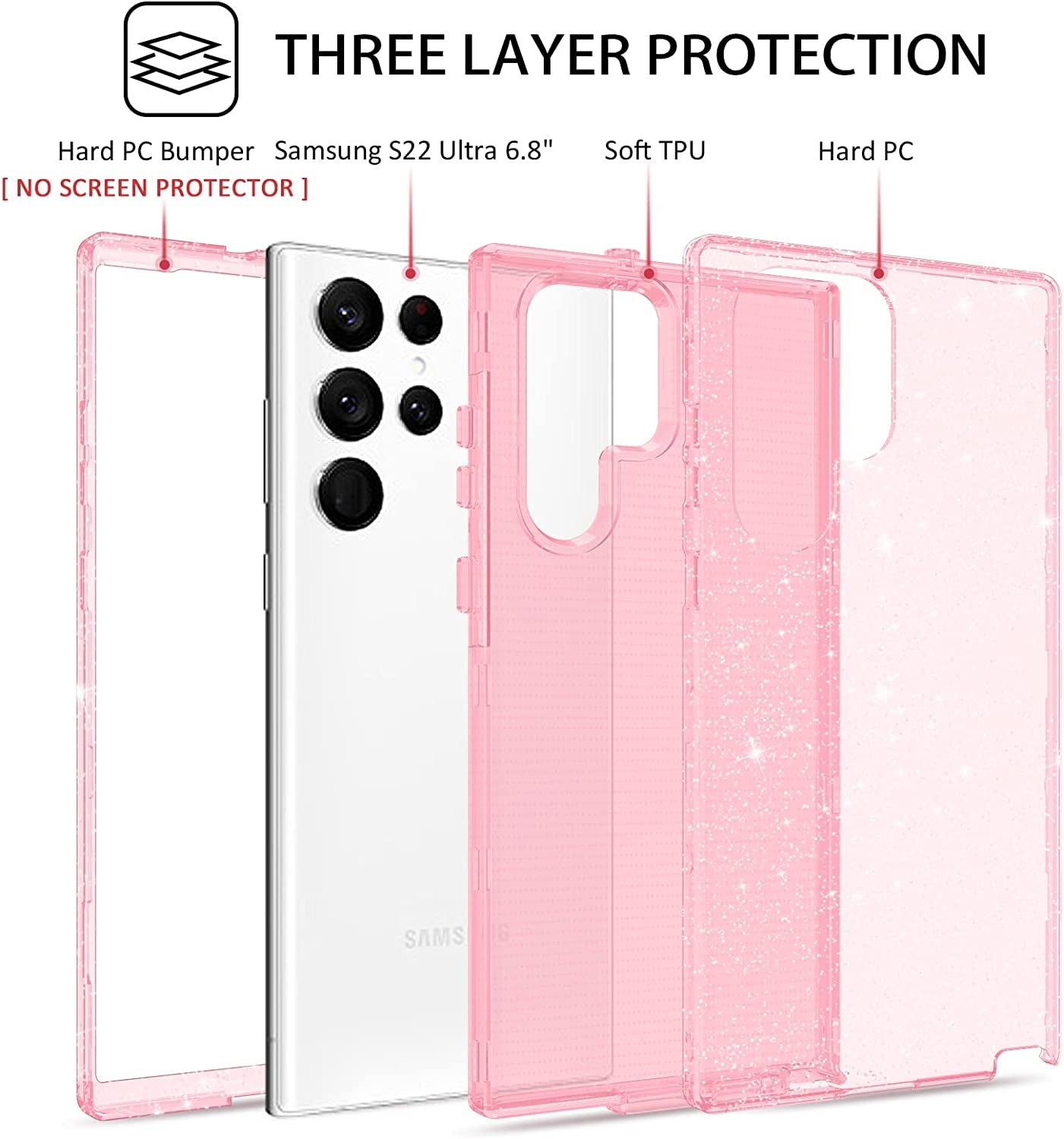 DUEDUE for Samsung Galaxy S22 Ultra 6.8" 5G Case Glitter Full Body Protective 3 in 1 Heavy Duty Hybrid Hard PC Rugged Shockproof Women Transparent Bling Sparkle Cover for Samsung S22 Ultra, Pink Clear  DUEDUE   