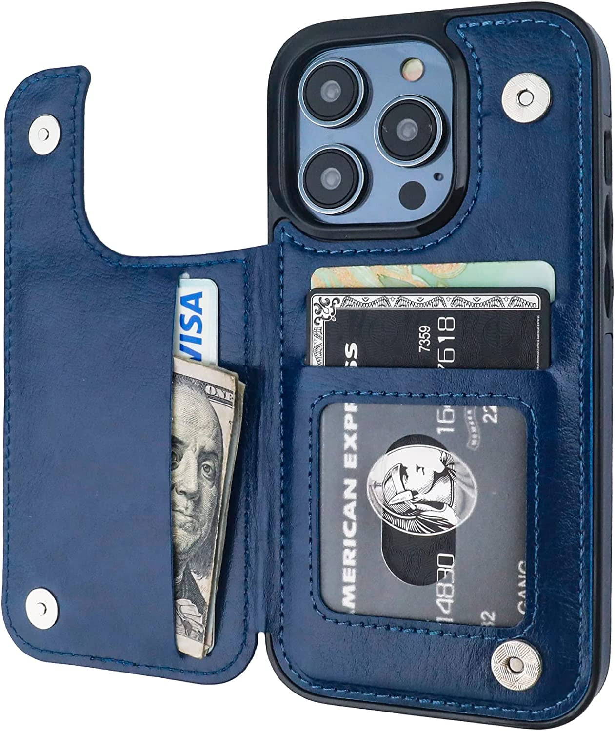 ONETOP Compatible with Iphone 14 Pro Wallet Case with Card Holder, PU Leather Kickstand Card Slots Case, Double Magnetic Clasp and Durable Shockproof Cover 6.1 Inch (Blue)  Onetop   