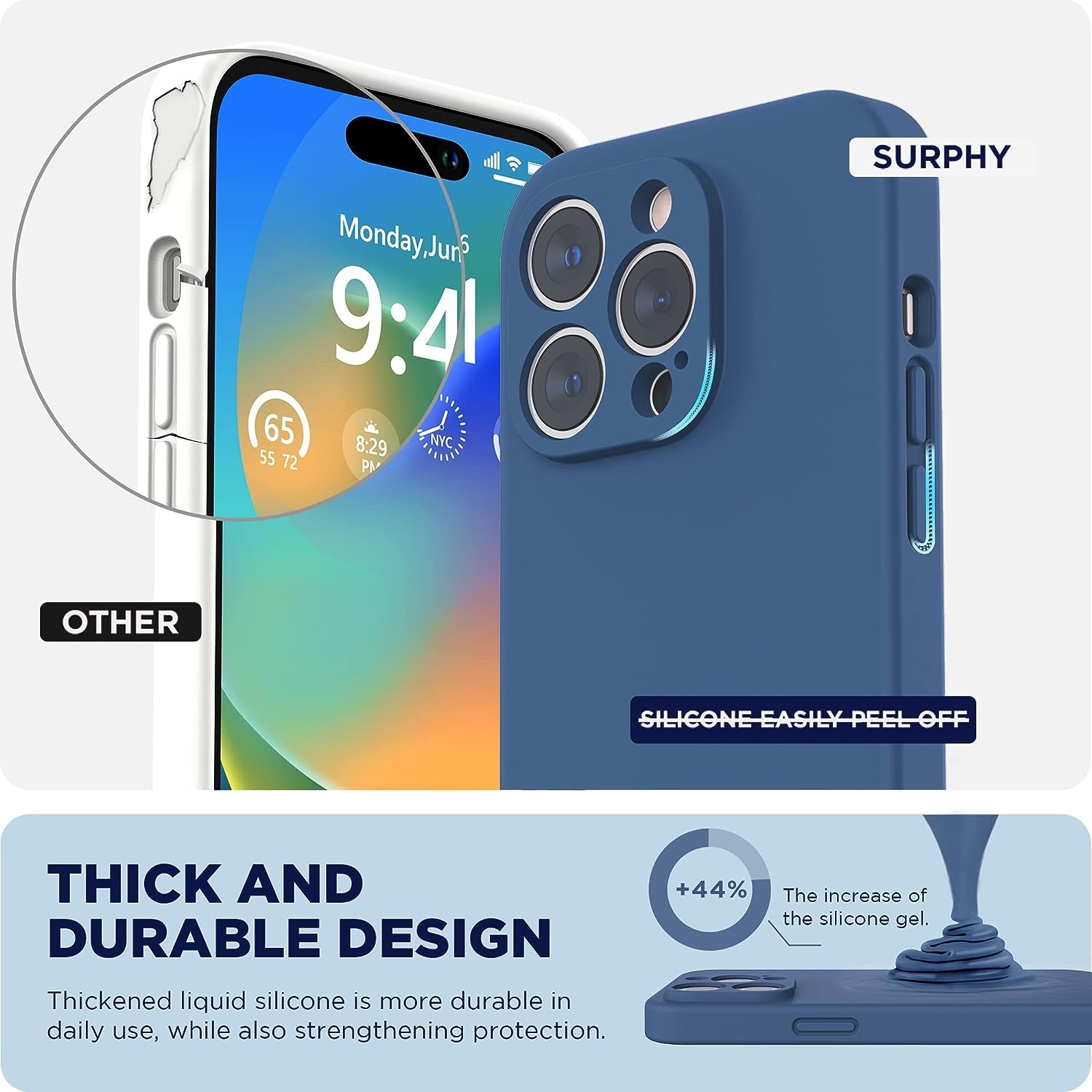 SURPHY Designed for Iphone 14 Pro Max Case with Screen Protector, (With Camera Protection + Soft Microfiber Lining) Liquid Silicone Phone Case, Blue Jay  SURPHY   