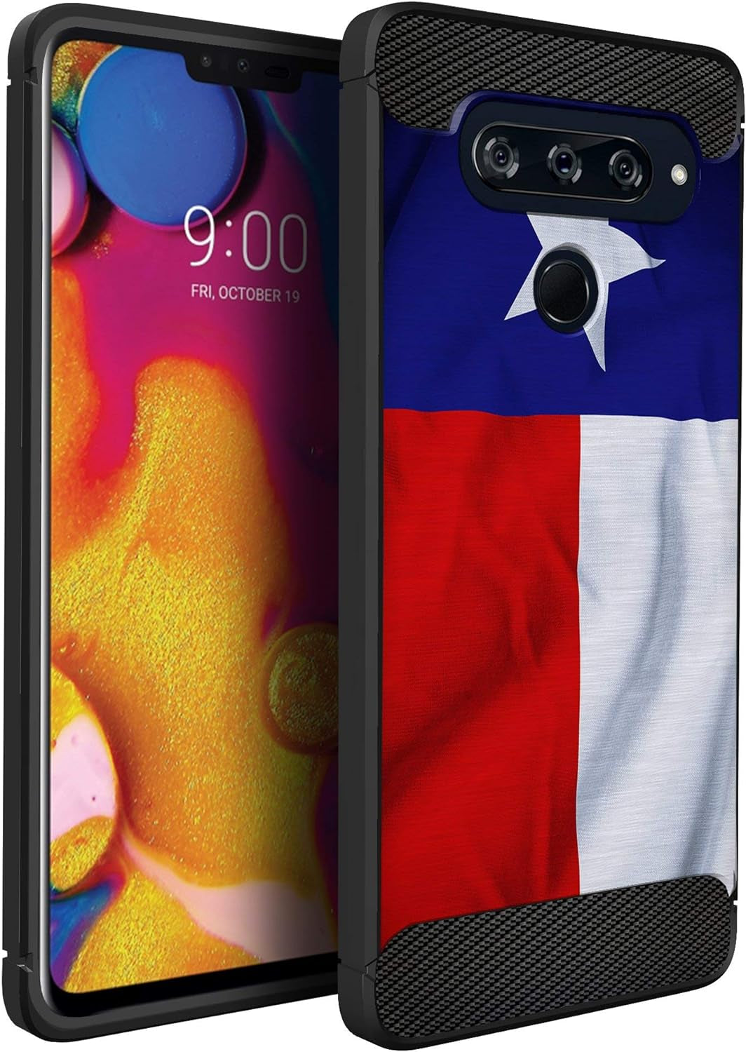 Casesondeck Fitted Case Compatible with [LG V40 Thinq] Carbon Fiber Accents Bump and Drop Protecting Flexible TPU (Blue Digital Camo)  CasesonDeck Texas Flag  