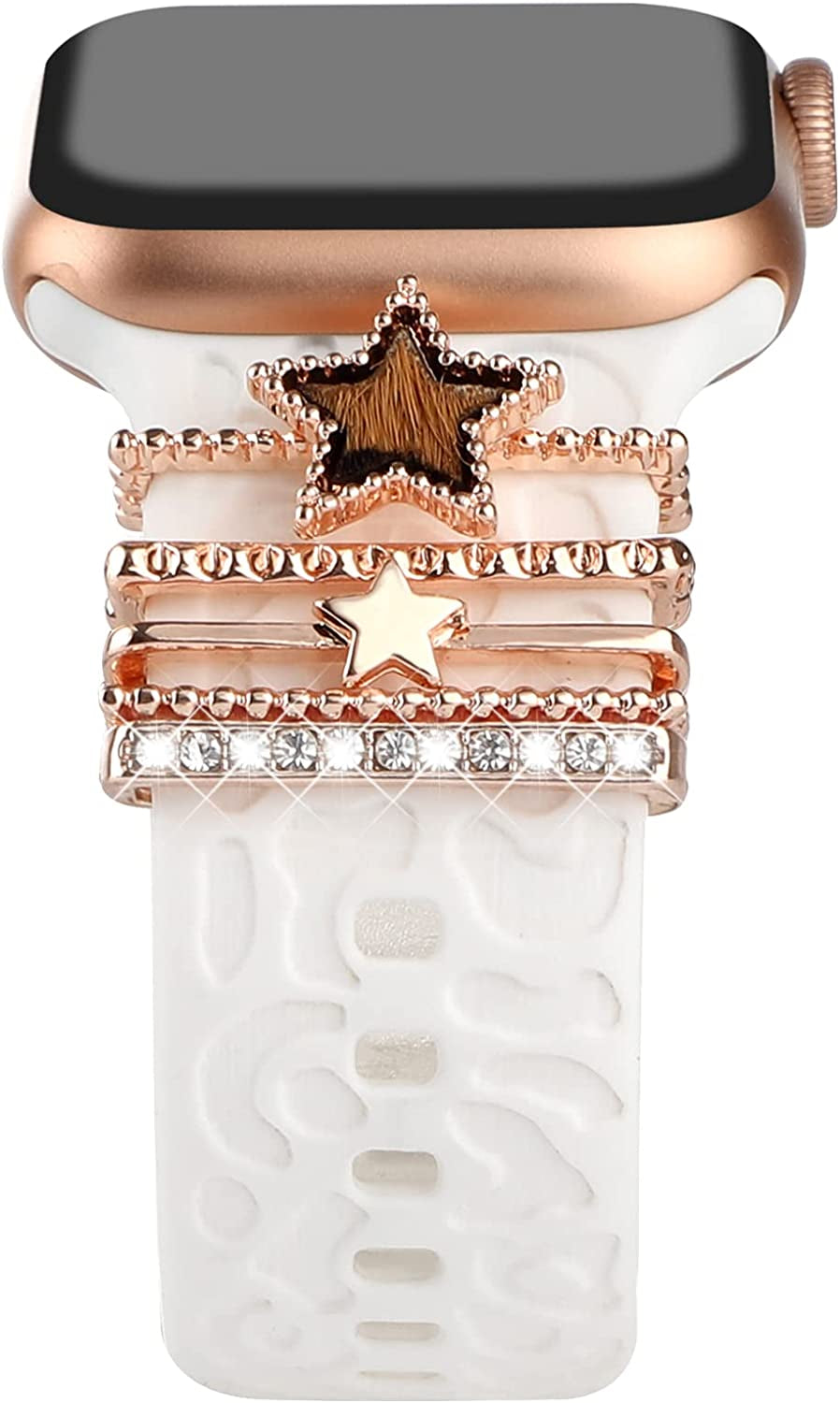 Decorative Rings Loops Compatible with Apple Watch Silicone Bands Charms 45Mm 44Mm 42Mm 41Mm 40Mm 38Mm Iwatch Series 8 7 6 5 4 3 2 1 Watchband Metal Diamond Charms Accessories (No Band)  FERJITGR Star Cheetah Rose Gold  