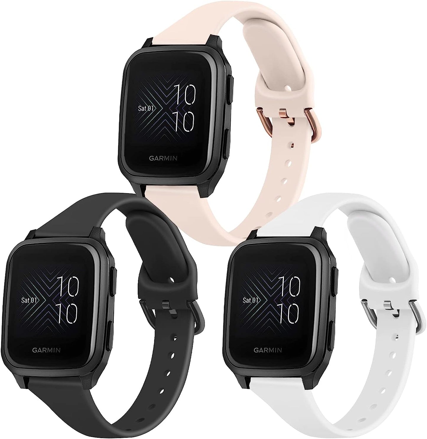 Wanme Slim Bands for Garmin Venu 2 plus / Venu Sq / Venu / Vivoactive 3 Watch Band Women Men, 3 Pack Soft Silicone Replacement Wristband Sport Strap for Garmin Vivomove Sport, Vivoactive 3 Music, Forerunner 645 / 245 Music Smart Watch  Wanme Black+Pink+White  