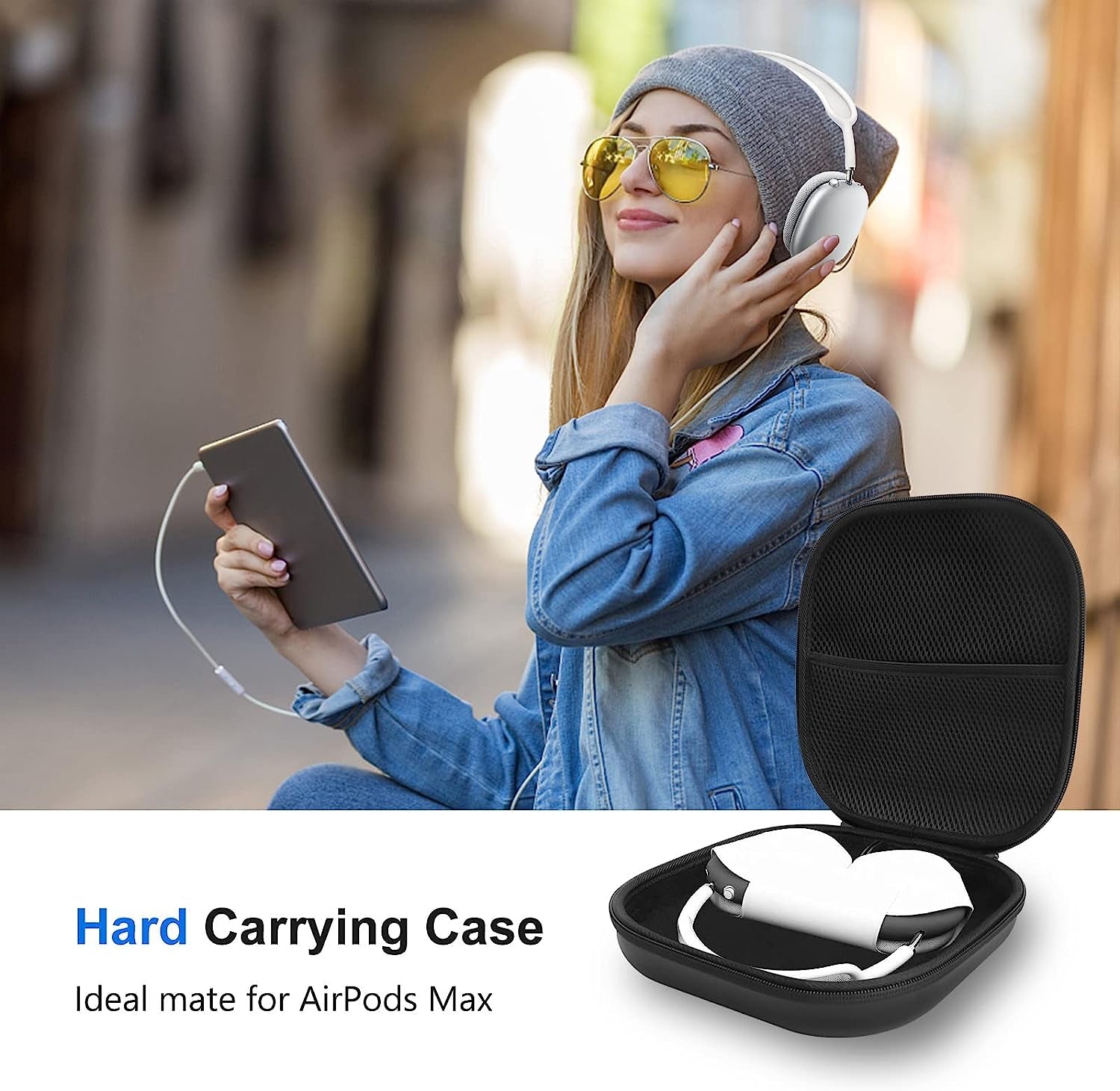 Opoway Hard Case for Airpods Max with Sleep Mode, Upgraded Travel Carrying Headphone Case with Silicone Earpad Cover & Mesh Pocket, Portable Organizer Protective Storage Bag  Opoway   