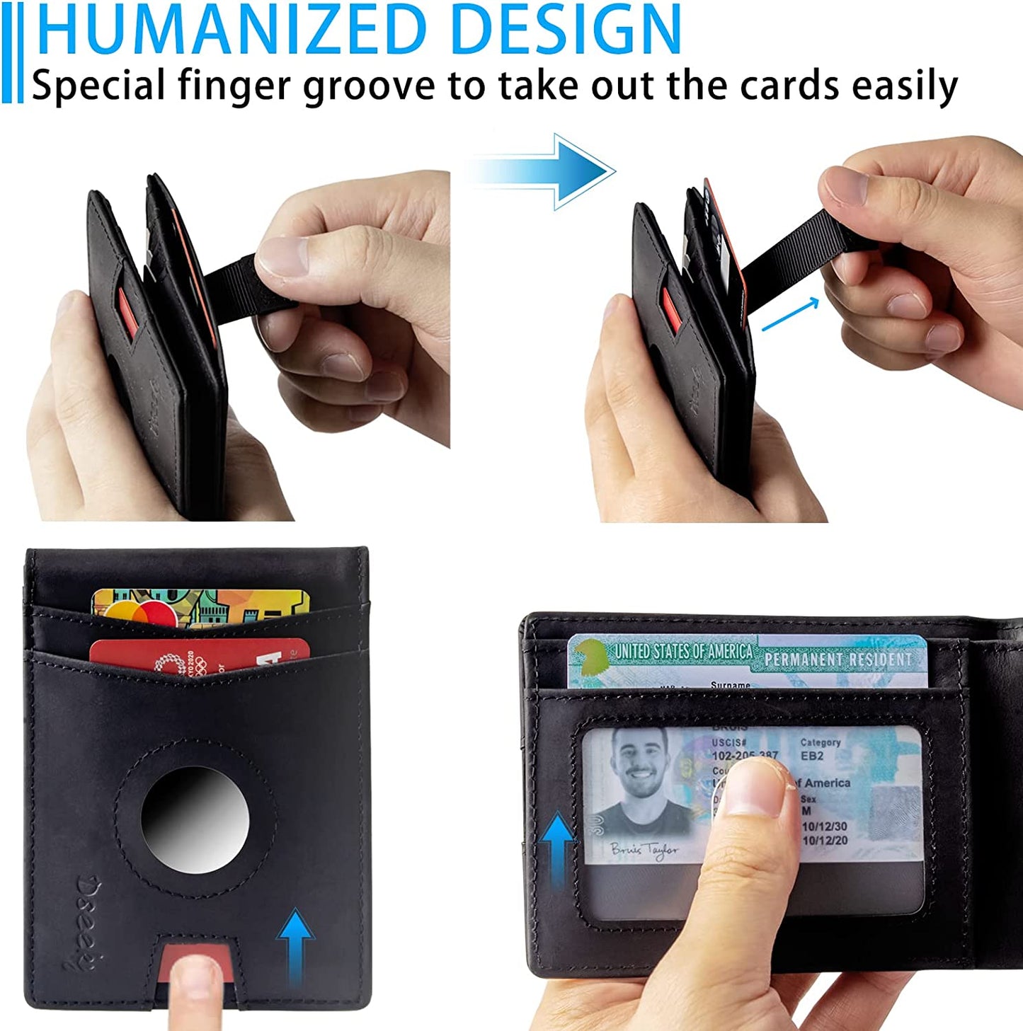 Dseeky Mens Slim Bifold Wallet Multi-Function Wallet Slim Simple Leather Wallet for Airtag Oscar,Genuine Crazy Horse Leather(Black)  Dseeky   