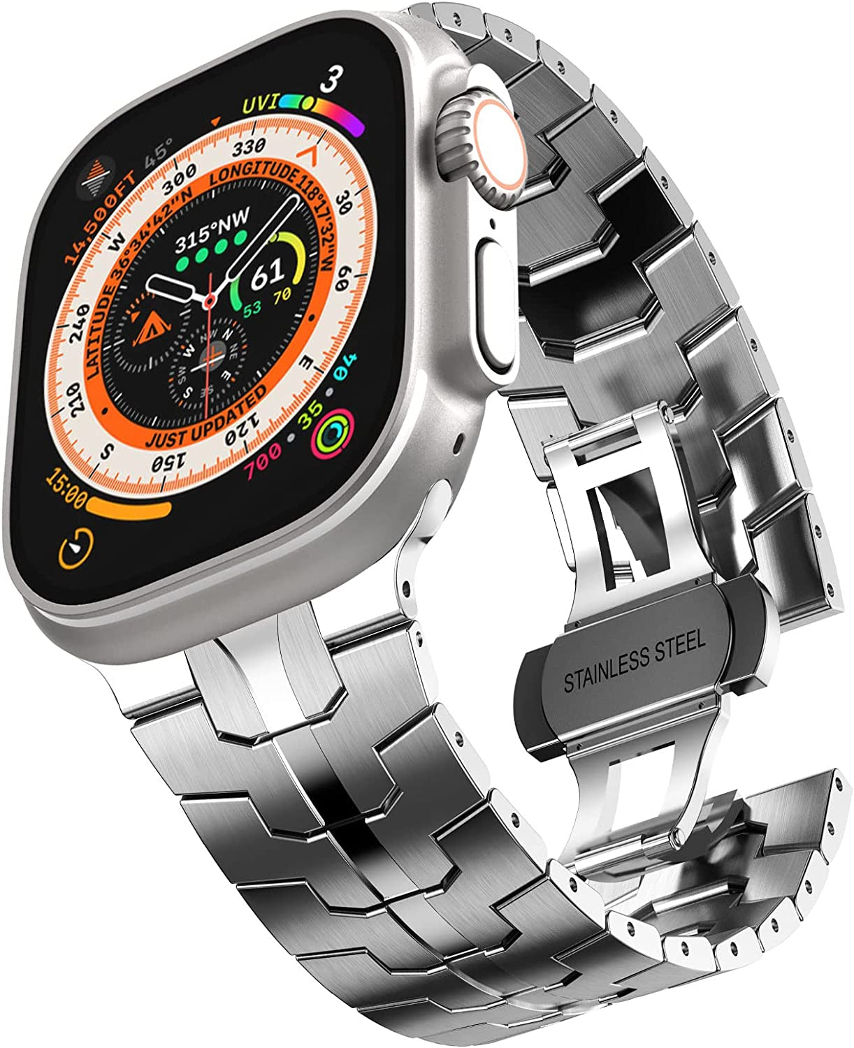 CHANCHY Stainless Steel Band for Apple Watch Ultra Band 49Mm 45Mm 44Mm 42Mm 38Mm 40Mm 41Mm, Metal Strap with Folding Clasp for Apple Watch Series 8 7 6 5 4 3 2 1 SE Men (Black, 49Mm 45Mm 44Mm 42Mm)  CHANCHY Silver 38mm/40mm/41mm 