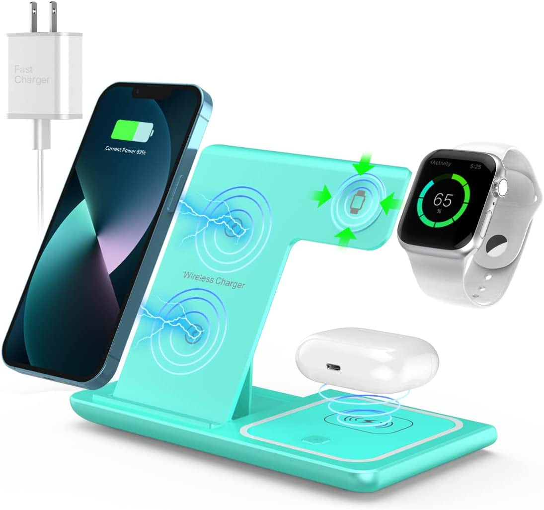 Wireless Charger,Anylincon 3 in 1 Charger Station for Apple Iphone/Iwatch/Airpods,Iphone 14,13,12,11 (Pro, Pro Max)/Xs/Xr/Xs/X/8(Plus),Iwatch 7/6/Se/5/4/3/2,Airpods 3/2/Pro  XuHui Green  