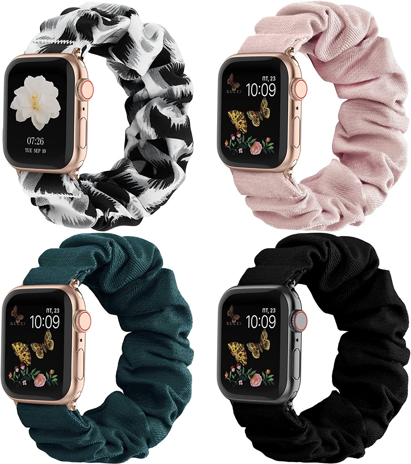 Recoppa Compatible for Apple Watch Band Scrunchie 38Mm 40Mm 41Mm 42Mm 44Mm 45Mm Cute Printed Elastic Solo Loop Bands Women Bracelet Strap for Iwatch Series 8 7 6 5 4 3 2 1 SE, 4 Packs  Recoppa Black/Pink/Black White/Deep Green 42mm/44mm/45mm-Small 
