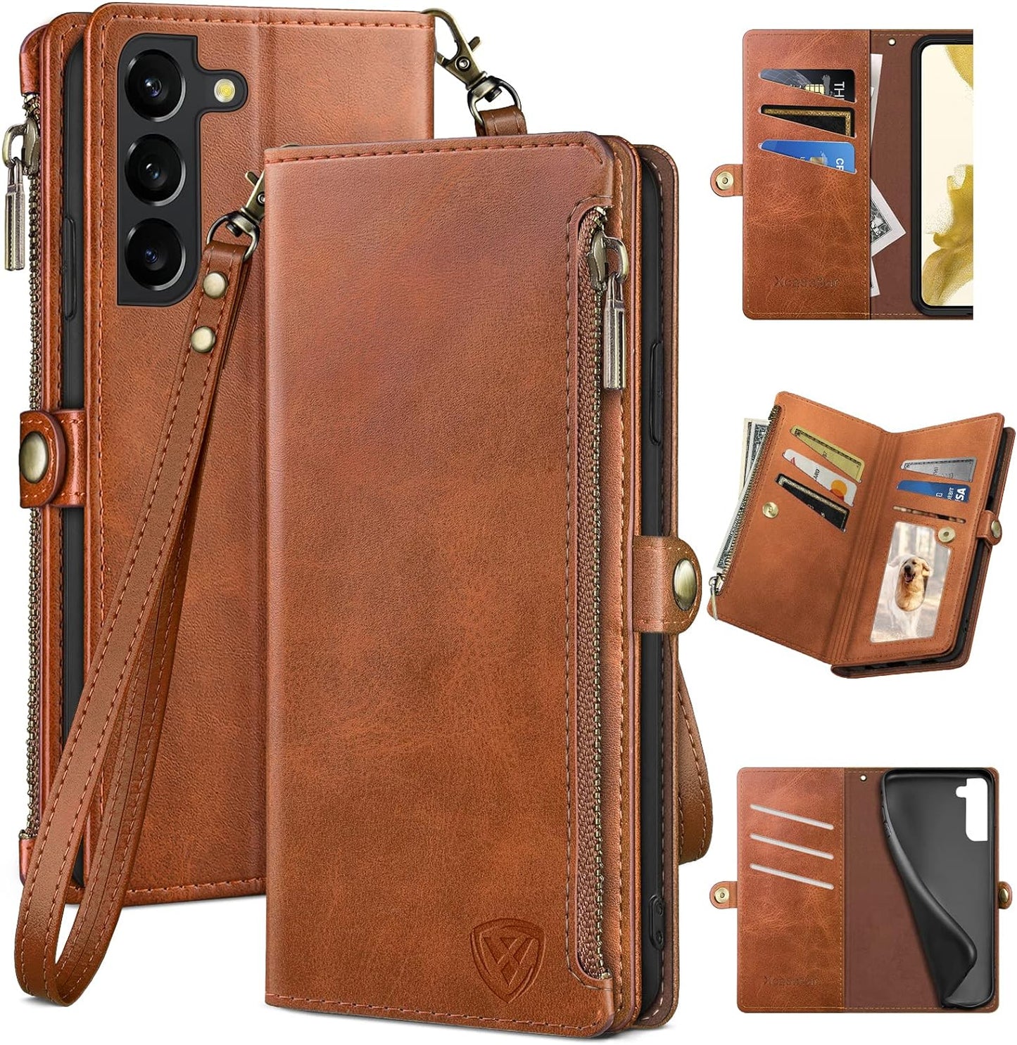 Xcasebar for Samsung Galaxy S22 plus Wallet Case with Zipper Credit Card Holder【Rfid Blocking】, Flip Folio Book PU Leather Phone Case Shockproof Cover Women Men for S22 plus Case Black  XcaseBar Light Brown  