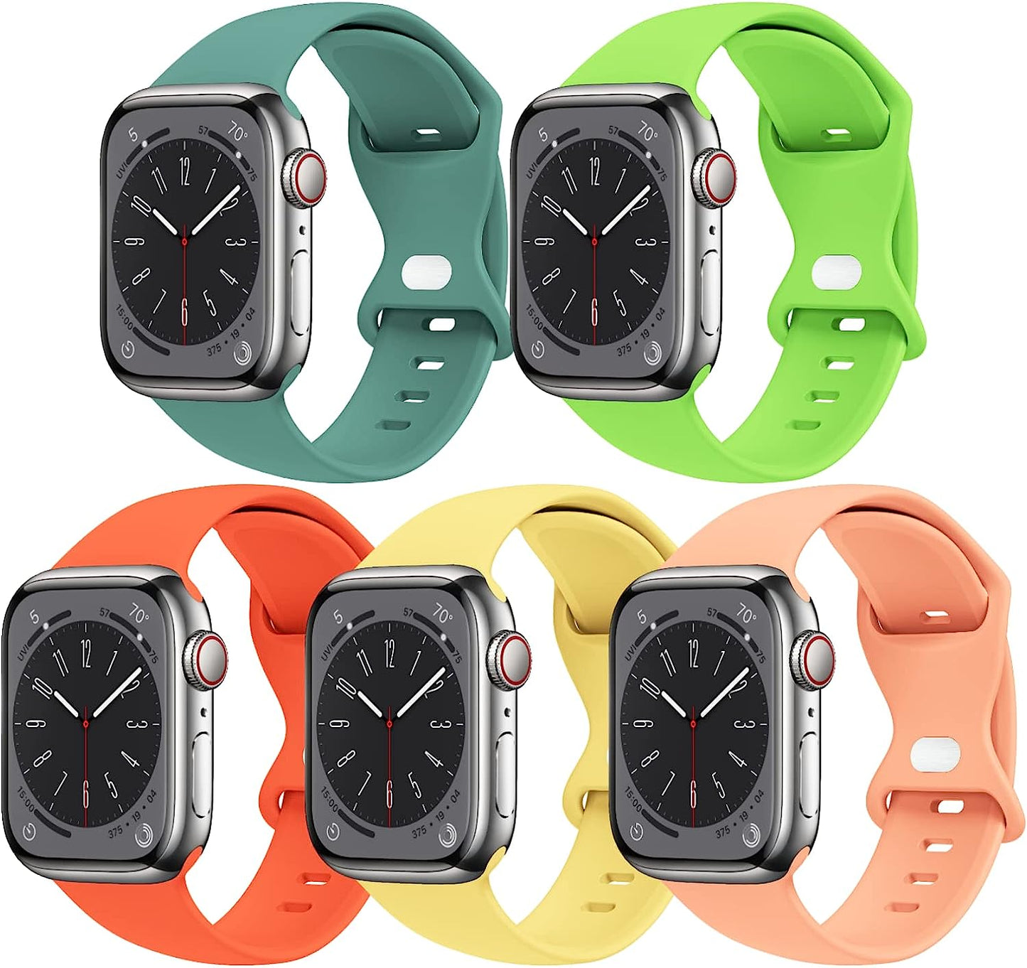 [5 PACK] STG Sport Watch Band Compatible with Apple Watch Band 38Mm 40Mm 41Mm 42Mm 44Mm 45Mm 49Mm Soft Silicone Replacement Sport Strap Compatible for Iwatch Ultra SE Series 8/7/6/5/4/3/2/1 (38Mm/40Mm/41Mm S/M, 5 PACK  STG 5 Pack G - Cactus/Apple Green/Bright Orange/Ginger/Cantaloupe 42mm/44mm/45mm/49mm M/L 