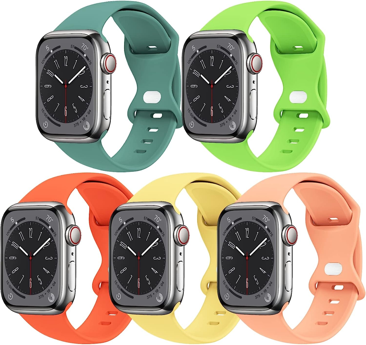 [5 PACK] STG Sport Watch Band Compatible with Apple Watch Band 38Mm 40Mm 41Mm 42Mm 44Mm 45Mm 49Mm Soft Silicone Replacement Sport Strap Compatible for Iwatch Ultra SE Series 8/7/6/5/4/3/2/1 (38Mm/40Mm/41Mm S/M, 5 PACK  STG 5 Pack G - Cactus/Apple Green/Bright Orange/Ginger/Cantaloupe 42mm/44mm/45mm/49mm M/L 