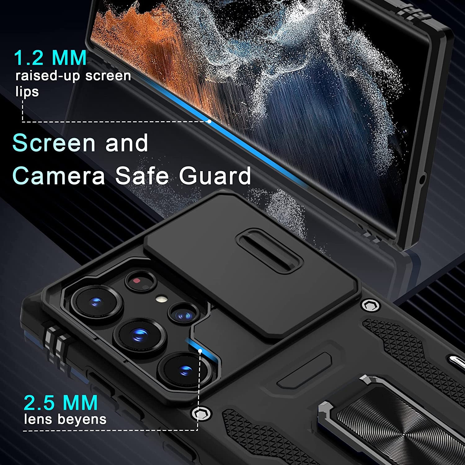 DEERLAMN for Samsung Galaxy S22 Ultra Case with Slide Camera Cover,Built-In Rotated Ring Kickstand [Full Camera Protection] [Military Grade] Heavy Duty Shockproof Protective Case Cover-Black  DEERLAMN   