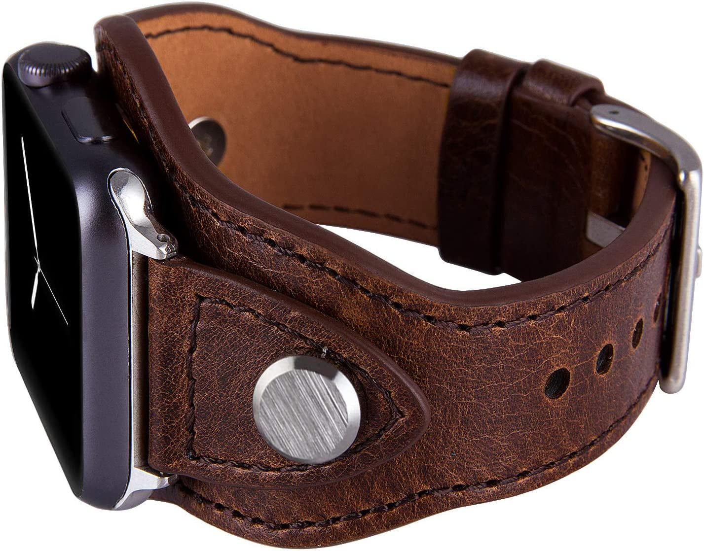 VIQIV Cuff Bracelets Bands for Compatible with Apple Watch 38Mm 42Mm 41Mm 40Mm 44Mm 45Mm Iwatch Series SE 7 6 5 4 3 2 1, Dressy Leather Metal Jewelry Wristband Strap for Women Men Light Brown  VIQIV Coffee 42mm 