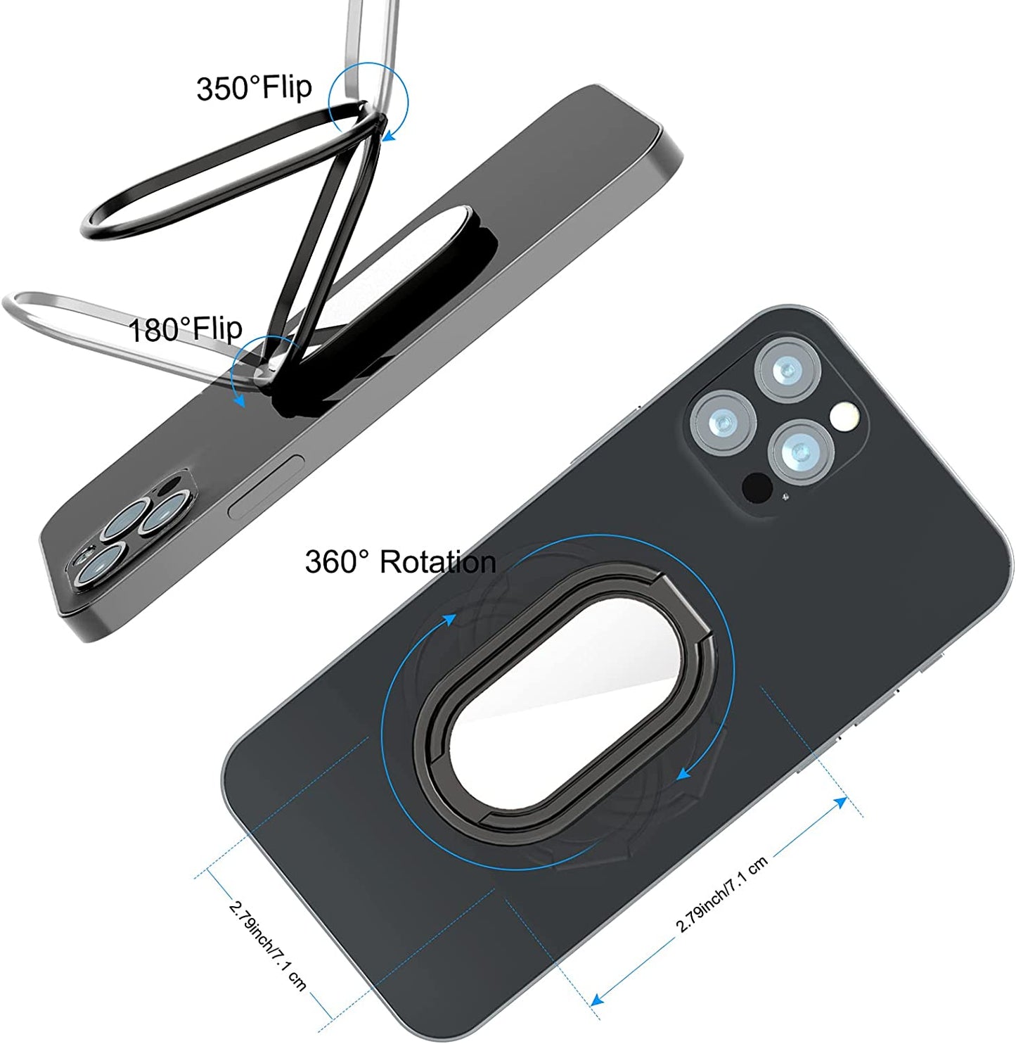 Phone Ring Holder Finger Kickstand, 360° Rotation Cell Phone Ring Holder Stand Metal Phone Back Grip for Magnetic Car Mount Foldable Cell Phone Stand Compatible with Most Smartphones  imeilee   