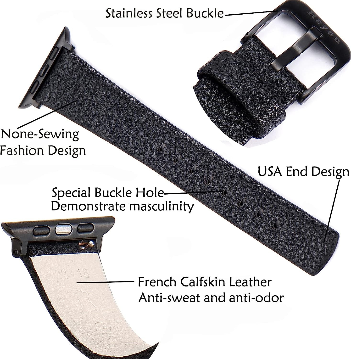 Heyon Leather Band Compatible with Apple Watch 42Mm 44Mm Men,None-Sewing Fashion Design Leather Iwatch Band for Series 6 5 4 3 2  Heyon   