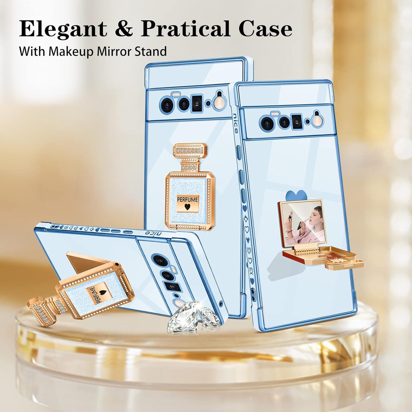 Buleens for Pixel 6 Pro Case with Metal Perfume Bottle Mirror Stand,Cute Women Girly Heart Cases for Google Pixel 6 Pro Case, Elegant Luxury Phone Cover for Pixel 6 Pro Phone Case 6.7''Sierra Blue  Buleens   