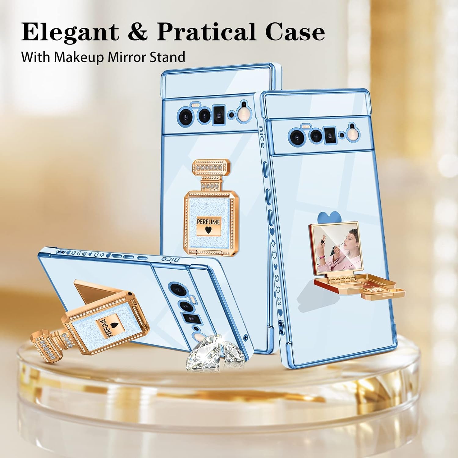 Buleens for Pixel 6 Pro Case with Metal Perfume Bottle Mirror Stand,Cute Women Girly Heart Cases for Google Pixel 6 Pro Case, Elegant Luxury Phone Cover for Pixel 6 Pro Phone Case 6.7''Sierra Blue  Buleens   