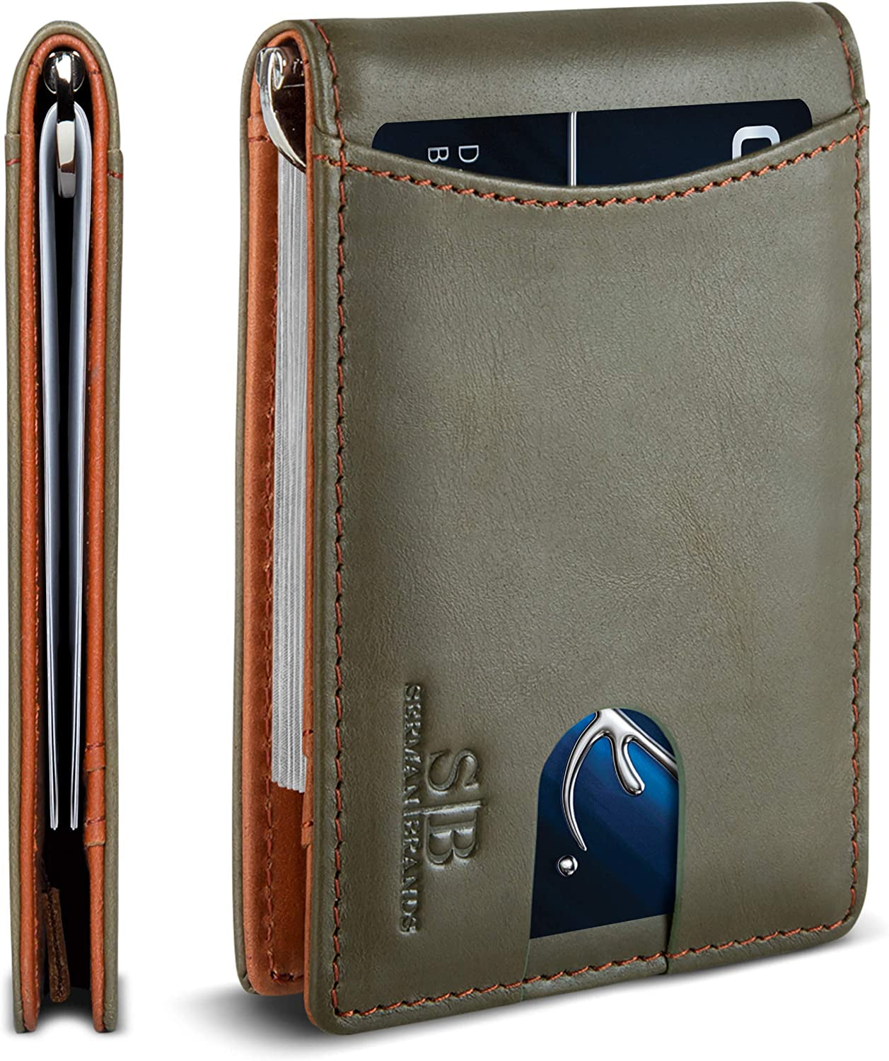SERMAN BRANDS RFID Blocking Slim Bifold Genuine Leather Minimalist Front Pocket Wallets for Men with Money Clip Thin Gift  SERMAN BRANDS Salted Green 1.s  
